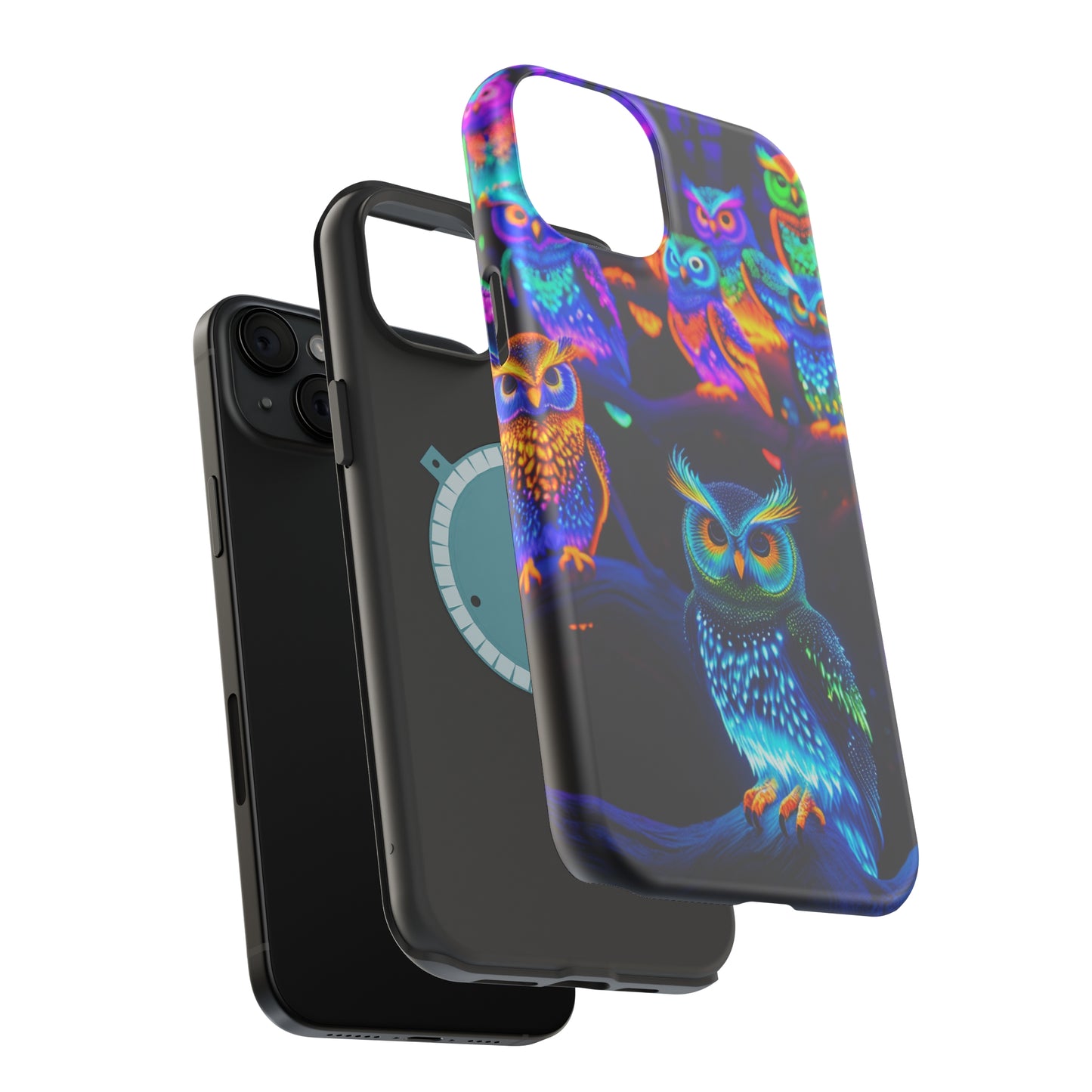 Glowing Neon Clan. Neon Owls Premium Art Magsafe Magnet Tough IPhone 13 14 15 Pro Plus Max and Mini in Matte and Glossy Phone cases