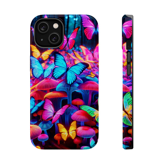 "Neon Tie-Dye Garden" Neon Butterflies and Mushrooms Premium Art Magsafe Magnet Tough IPhone 13 14 15 Pro Plus Max and Mini in Matte and Glossy Phone cases
