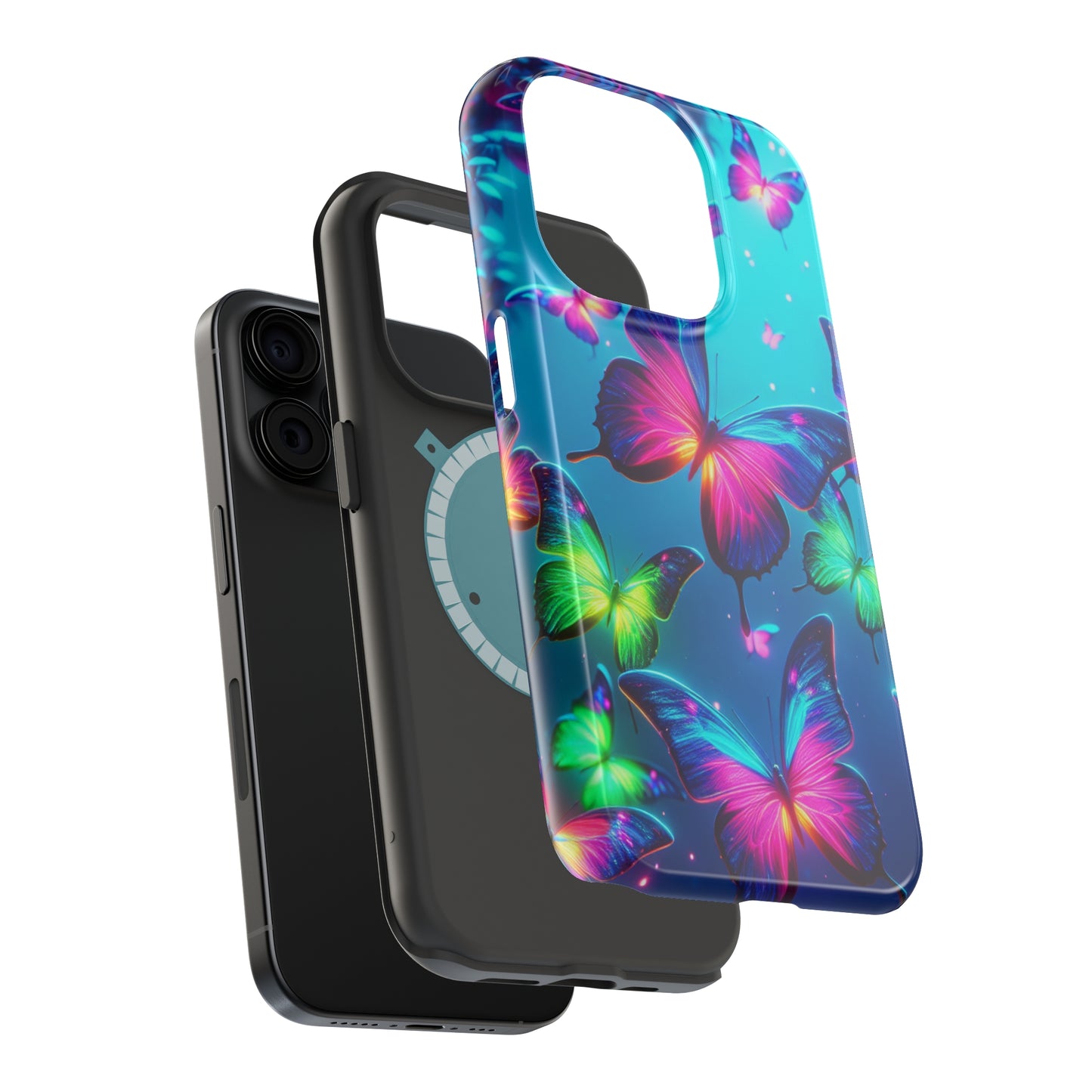 Vivid Glinting Neon Butterflies Neon Butterflies Premium Art Magsafe Magnet Tough IPhone 13 14 15 Pro Plus Max and Mini in Matte and Glossy Phone cases