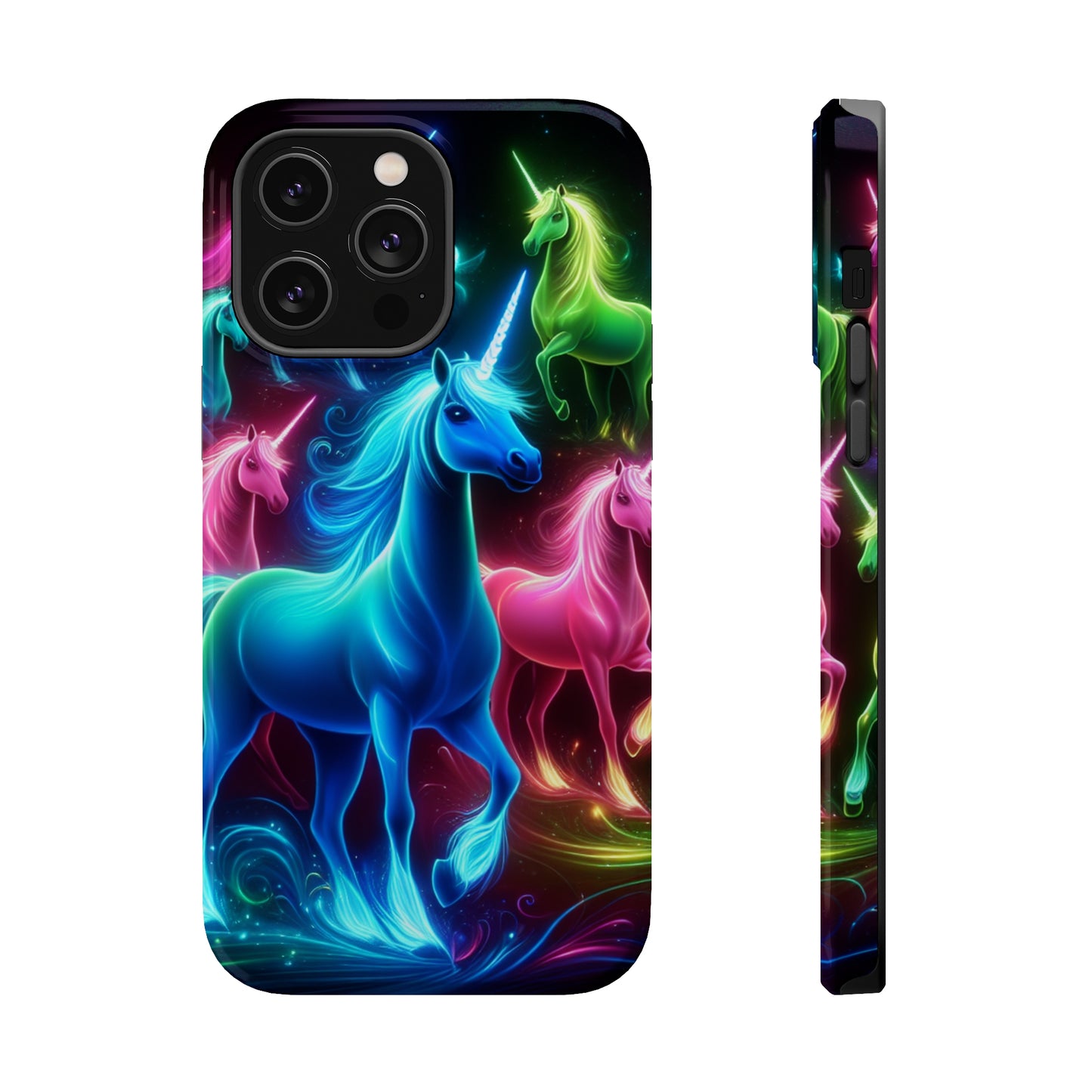 Neon Rainbow Herd. Neon Unicorns Premium Art Magsafe Magnet Tough IPhone 13 14 15 Pro Plus Max and Mini in Matte and Glossy Phone cases