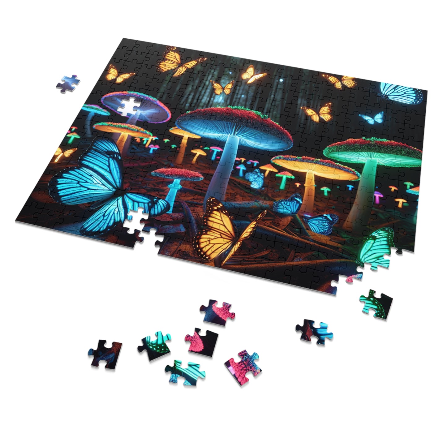 Neon Butterflydreamscape - Neon Butterflies and Mushrooms Puzzle 30, 110, 252, and 1000 Pieces