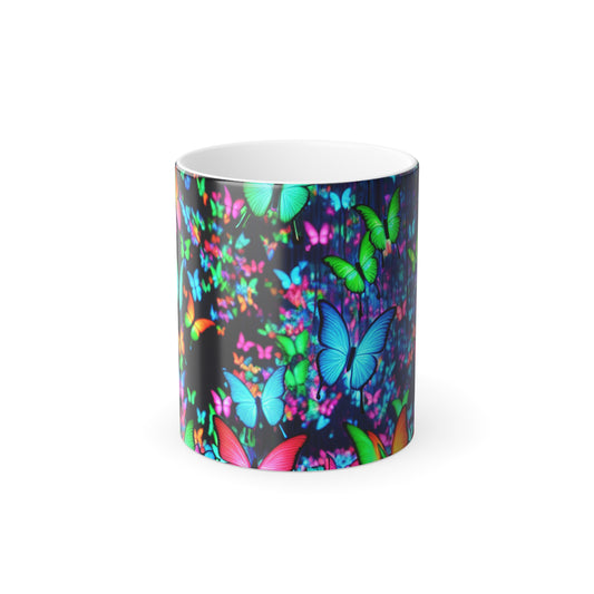"Neon Butterfly Rainbow Flight" Neon Butterflies 11oz Color Morphing Mug