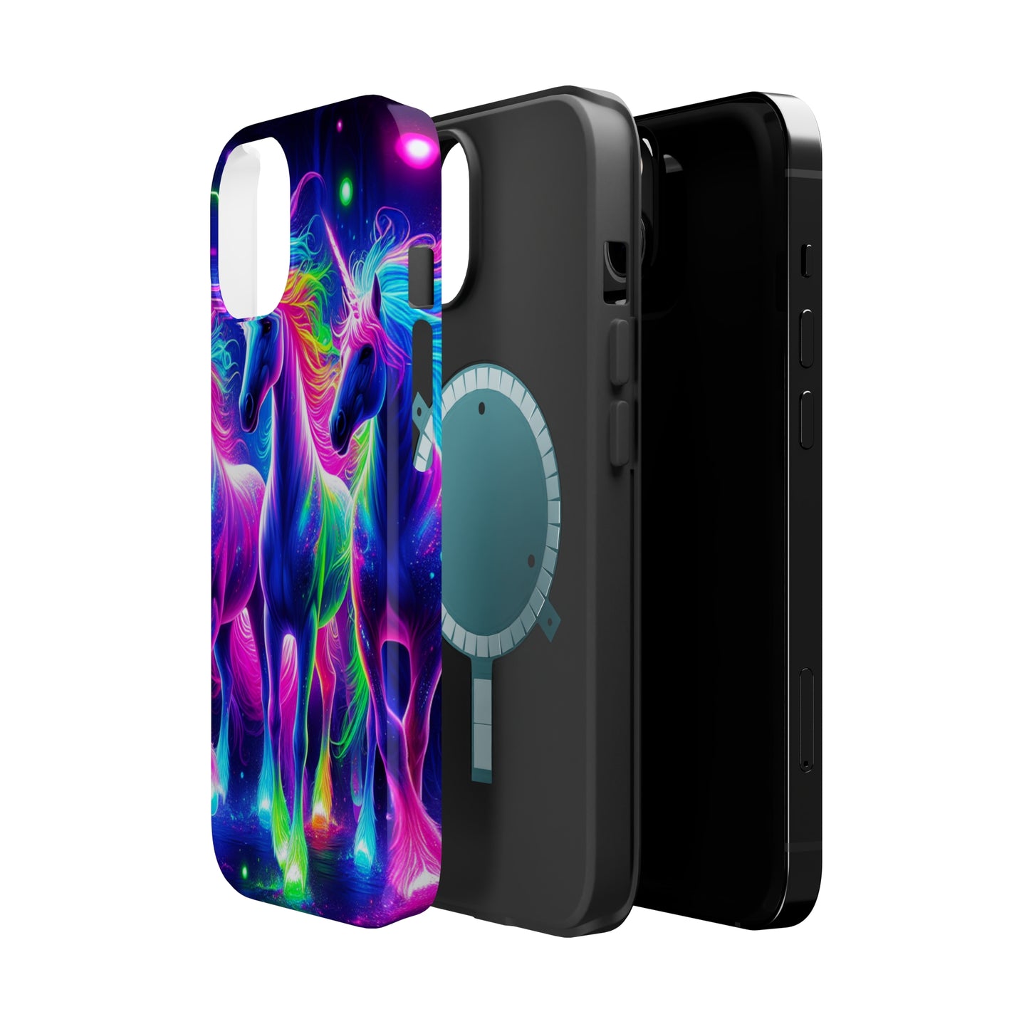 "Uni-Neon Fantasy" Neon Unicorns Premium Art Magsafe Magnet Tough IPhone 13 14 15 Pro Plus Max and Mini in Matte and Glossy Phone cases