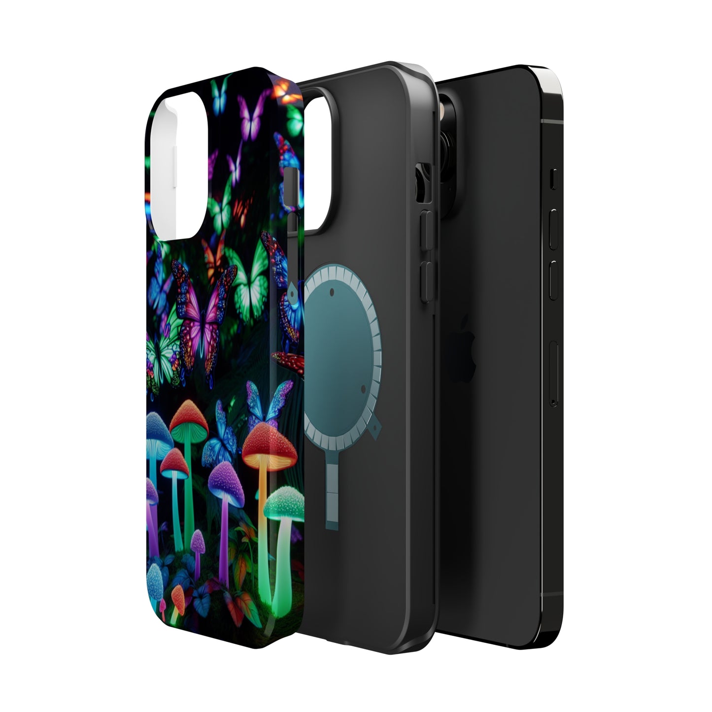 "Neon Burst Wonderland". Neon Butterflies and Mushrooms Premium Art Magsafe Magnet Tough IPhone 13 14 15 Pro Plus Max and Mini in Matte and Glossy Phone cases