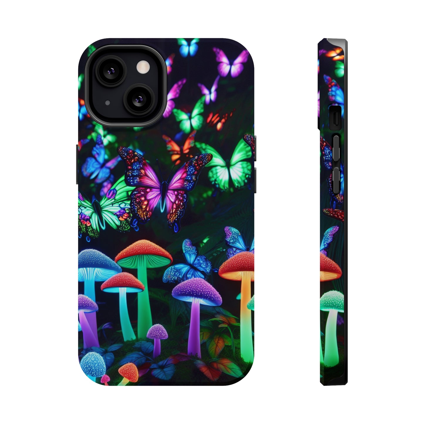 "Neon Burst Wonderland". Neon Butterflies and Mushrooms Premium Art Magsafe Magnet Tough IPhone 13 14 15 Pro Plus Max and Mini in Matte and Glossy Phone cases