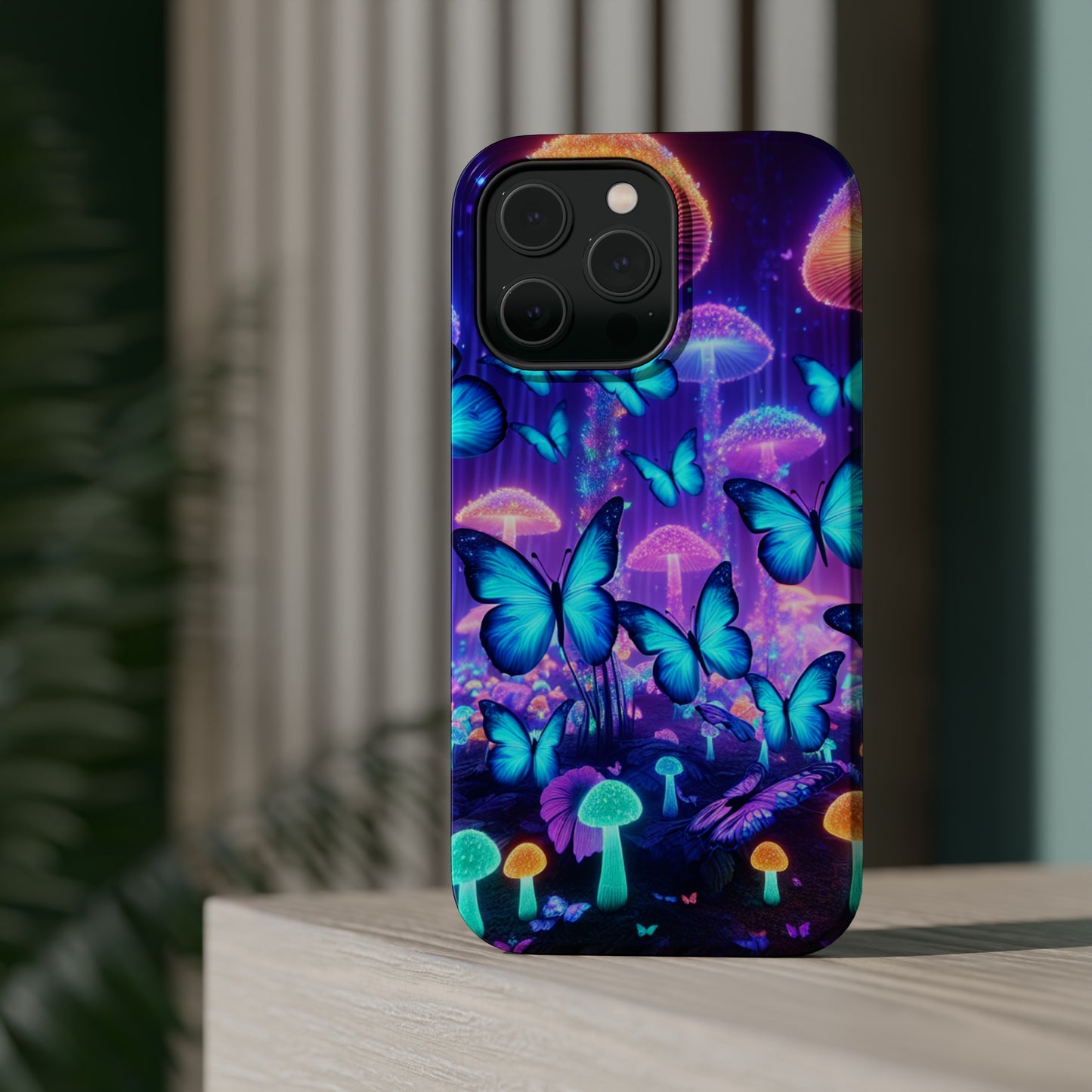 Neon Delight Landscape Neon Butterflies and Mushrooms Premium Art Magsafe Magnet Tough IPhone 13 14 15 Pro Plus Max and Mini in Matte and Glossy Phone cases