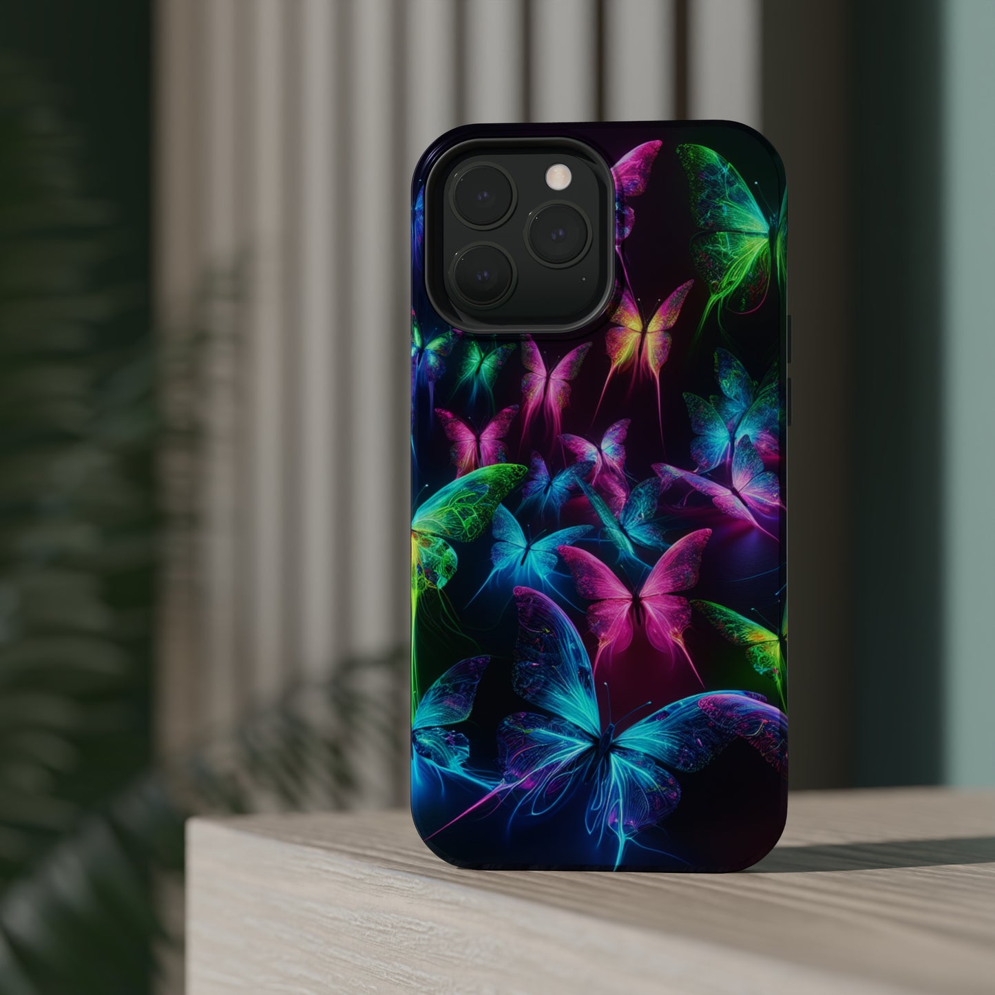 'Euphoria in Neon Flight' Neon Butterflies Premium Art Magsafe Magnet Tough IPhone 13 14 15 Pro Plus Max and Mini in Matte and Glossy Phone cases