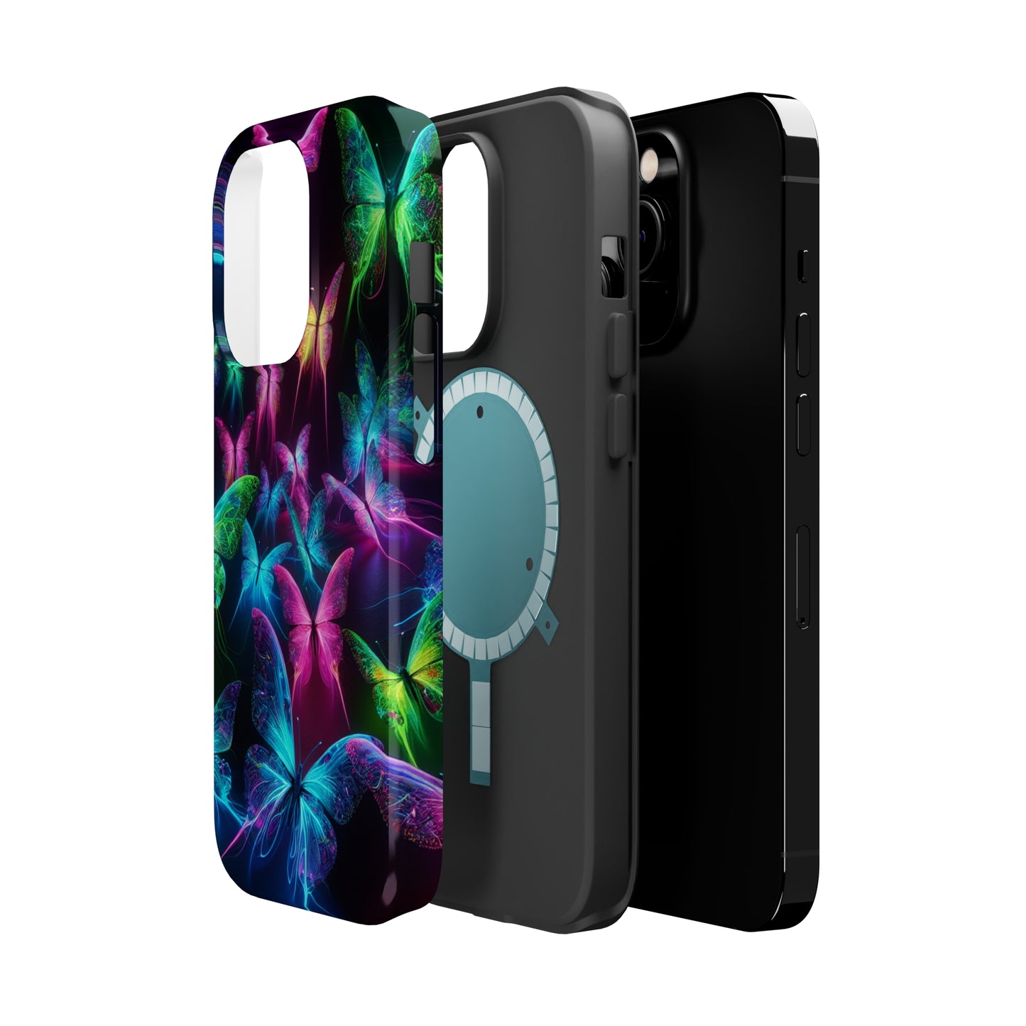 'Euphoria in Neon Flight' Neon Butterflies Premium Art Magsafe Magnet Tough IPhone 13 14 15 Pro Plus Max and Mini in Matte and Glossy Phone cases