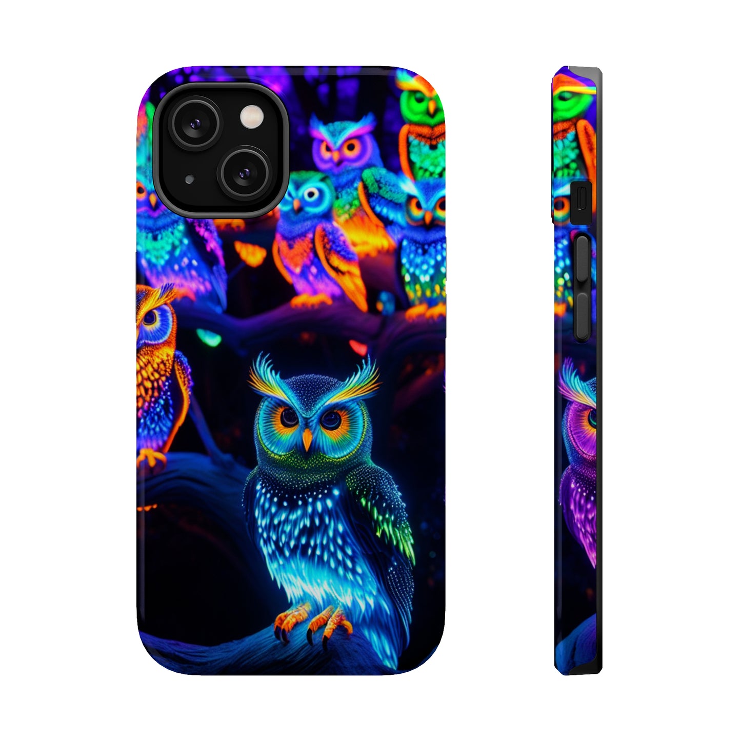Glowing Neon Clan. Neon Owls Premium Art Magsafe Magnet Tough IPhone 13 14 15 Pro Plus Max and Mini in Matte and Glossy Phone cases