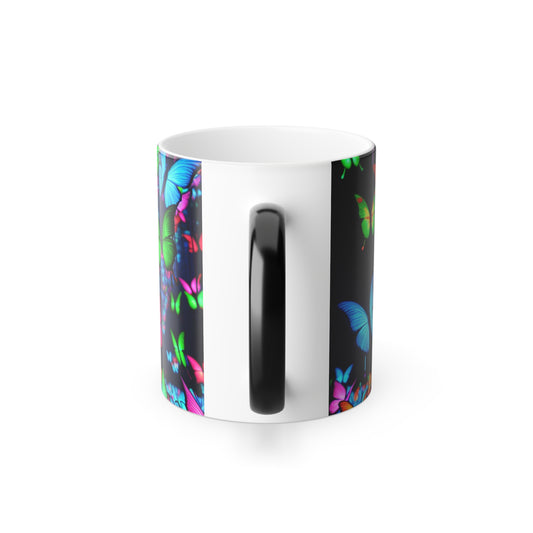 "Neon Butterfly Rainbow Flight" Neon Butterflies 11oz Color Morphing Mug