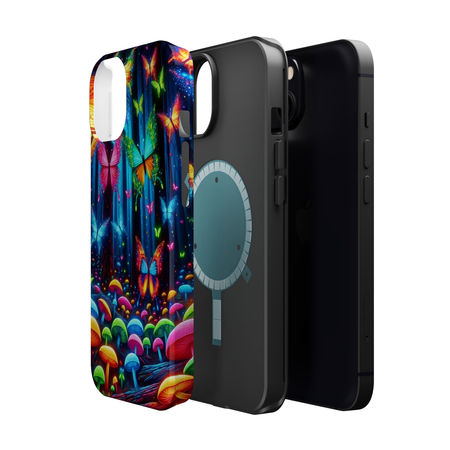 Neon Fantasia. Neon Butterflies and Mushrooms Premium Art Magsafe Magnet Tough IPhone 13 14 15 Pro Plus Max and Mini in Matte and Glossy Phone cases