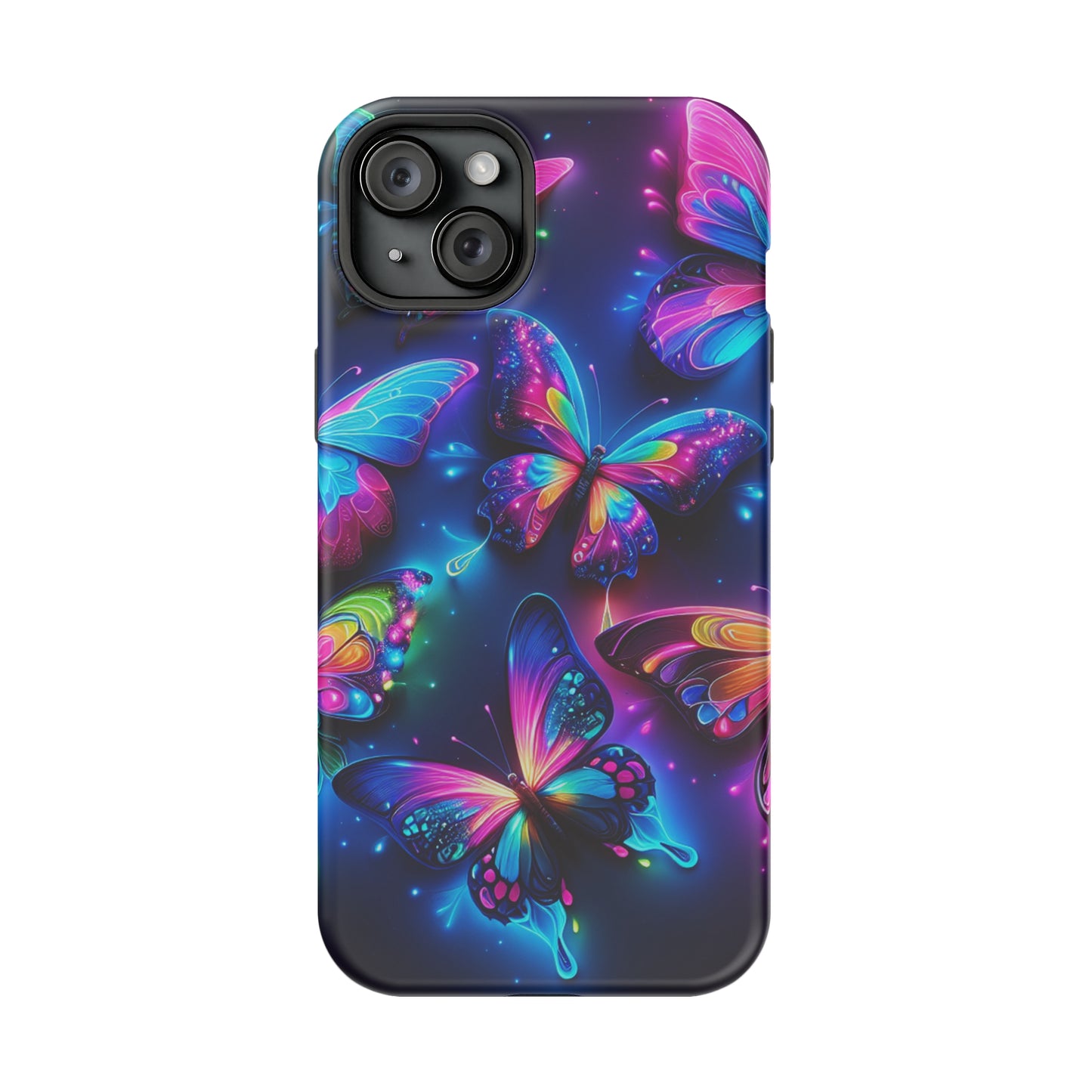 "Neon Butterfly Muster" Neon Butterflies Premium Art Magsafe Magnet Tough IPhone 13 14 15 Pro Plus Max and Mini in Matte and Glossy Phone cases