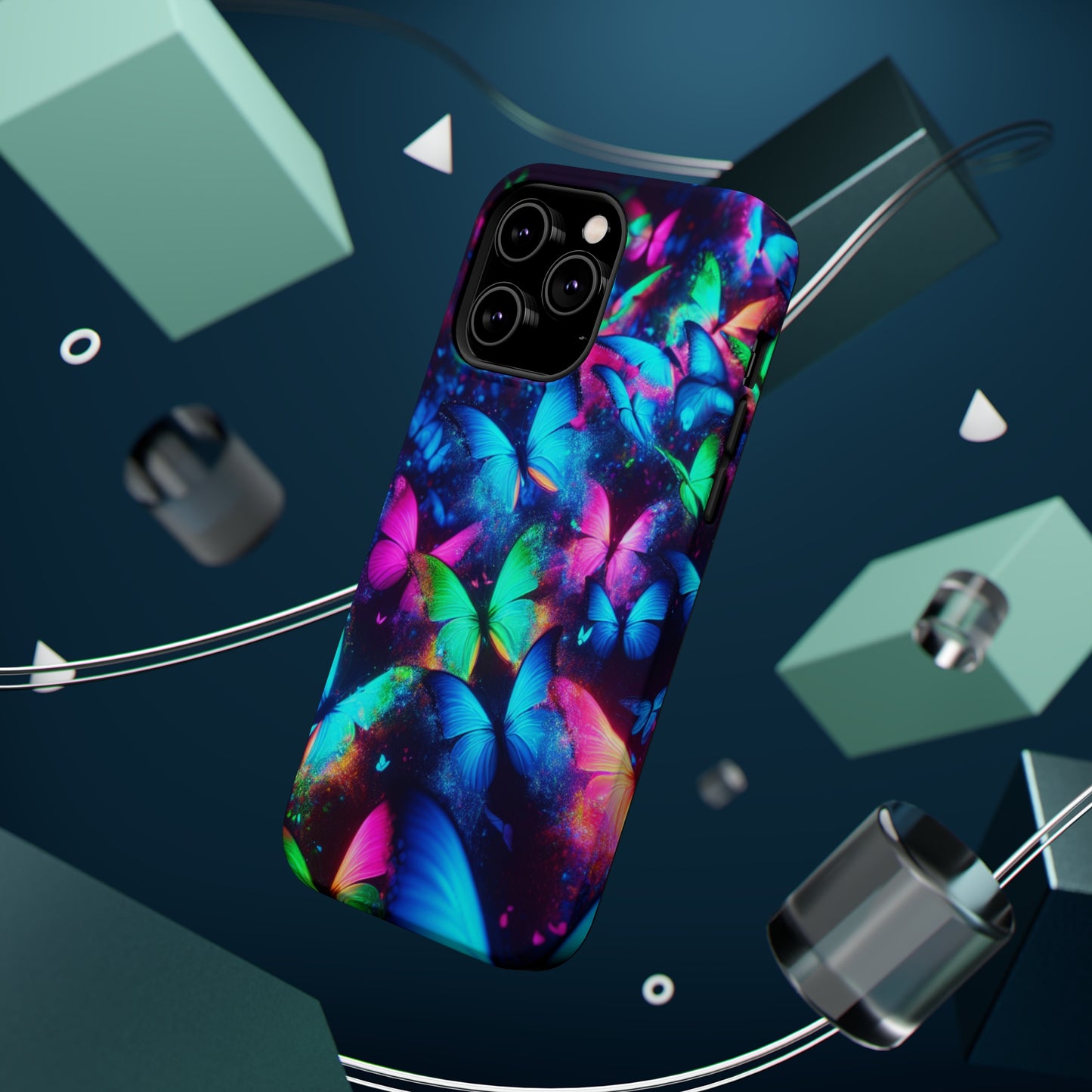 "Neon Flutterglow" Neon Butterflies Premium Art Magsafe Magnet Tough IPhone 13 14 15 Pro Plus Max and Mini in Matte and Glossy Phone cases