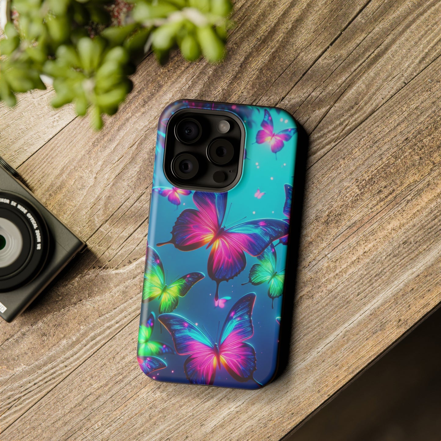 Vivid Glinting Neon Butterflies Neon Butterflies Premium Art Magsafe Magnet Tough IPhone 13 14 15 Pro Plus Max and Mini in Matte and Glossy Phone cases
