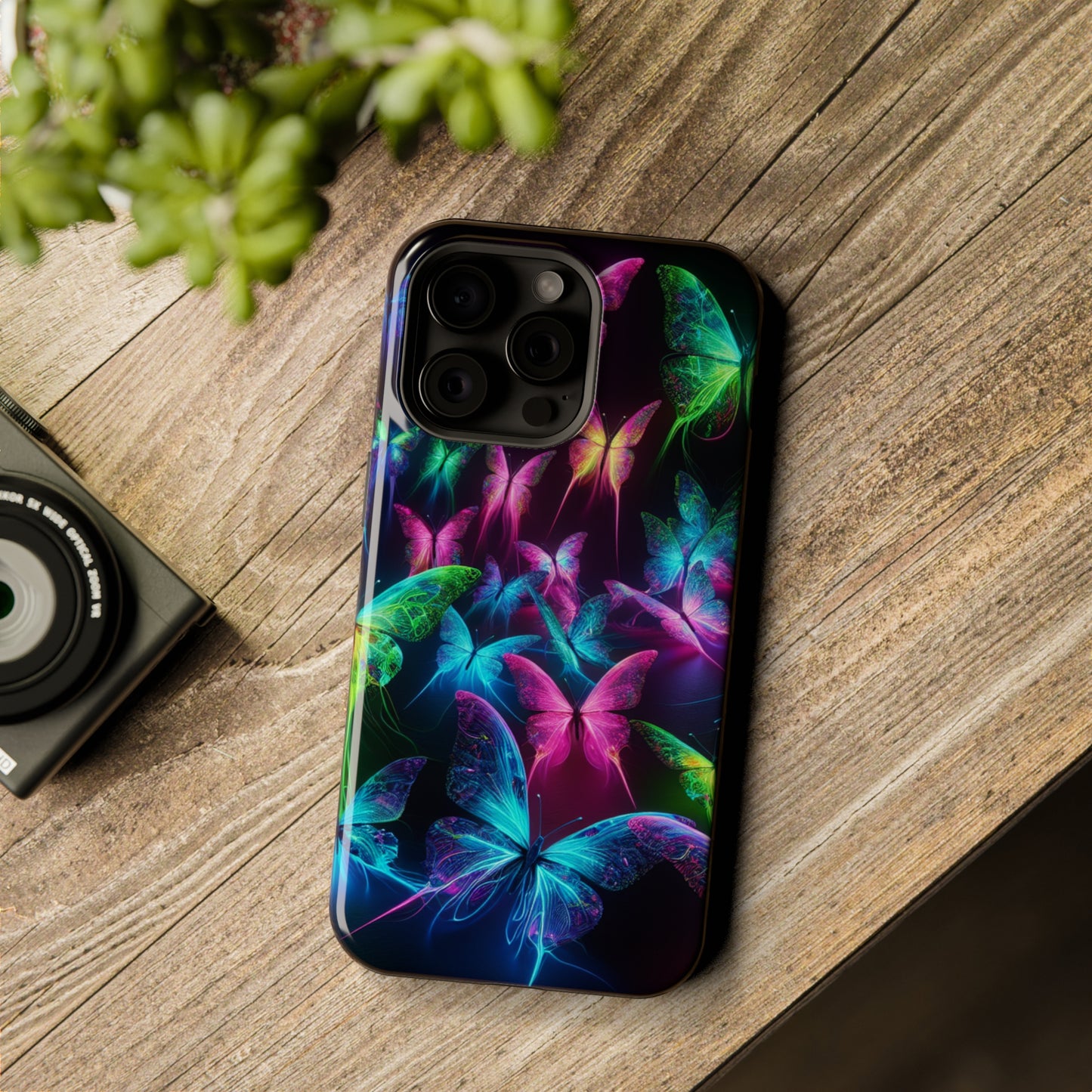 'Euphoria in Neon Flight' Neon Butterflies Premium Art Magsafe Magnet Tough IPhone 13 14 15 Pro Plus Max and Mini in Matte and Glossy Phone cases