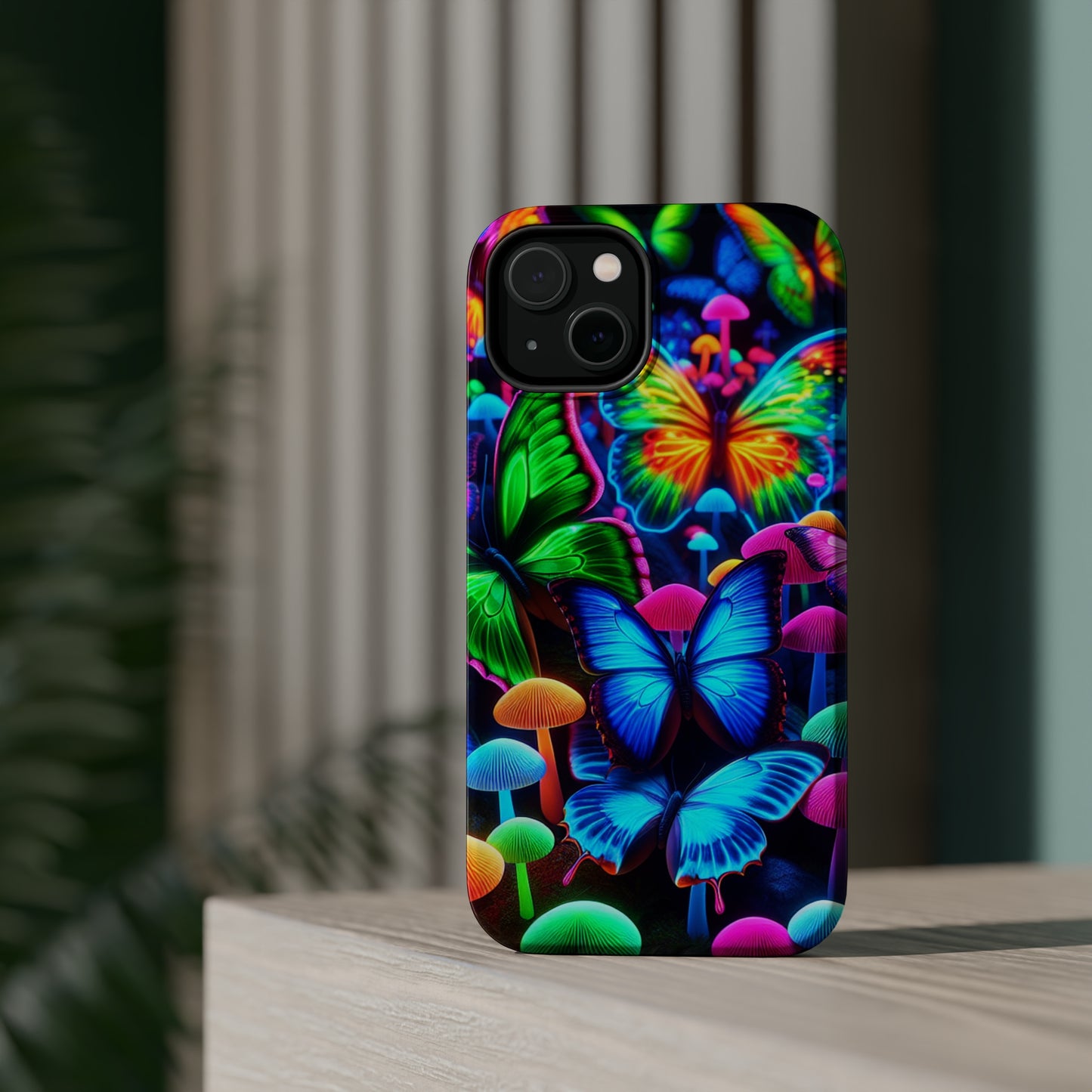 "Fantastic Fruition" Neon Butterflies and Mushrooms Premium Art Magsafe Magnet Tough IPhone 13 14 15 Pro Plus Max and Mini in Matte and Glossy Phone cases