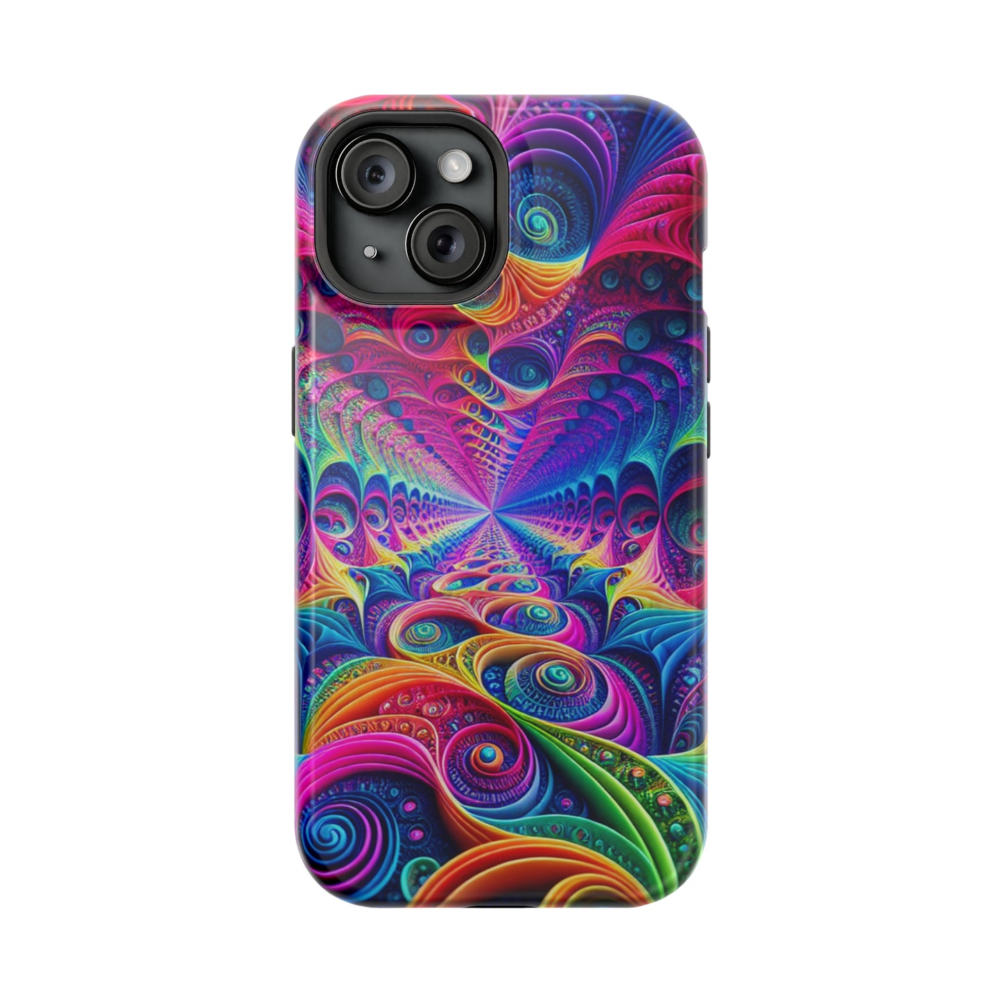 Cosmic Electric Rainbow Frenzy. Neon Trippy Infinity Patterns Premium Art Magsafe Magnet Tough IPhone 13 14 15 Pro Plus Max and Mini in Matte and Glossy Phone cases