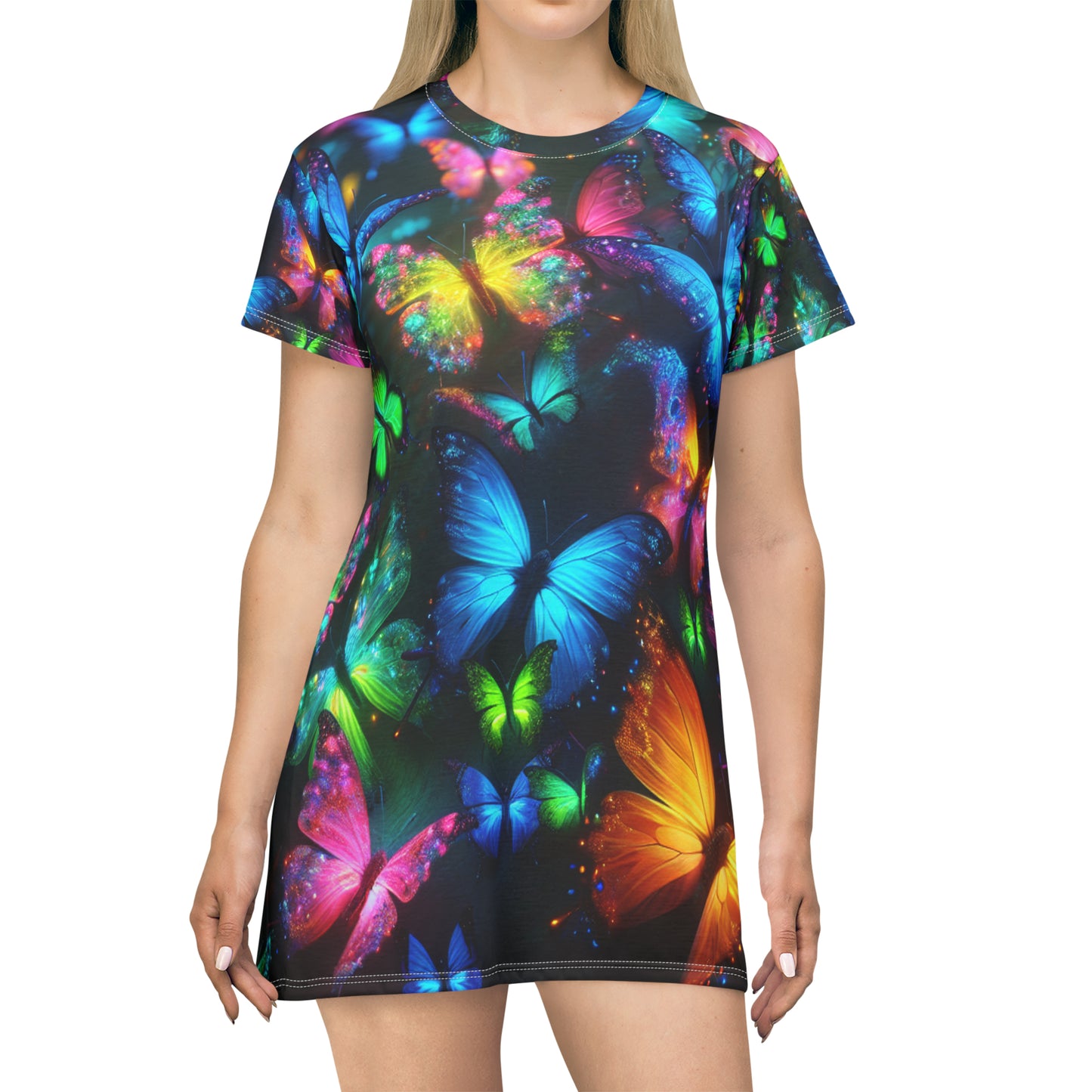 "Glow Flutter's Symphony" Neon Butterflies Womans T Shirt Dress