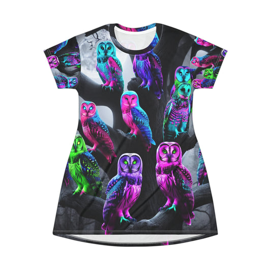 Neon Nocturnal Nightingales Neon Owls Womans T Shirt Dress