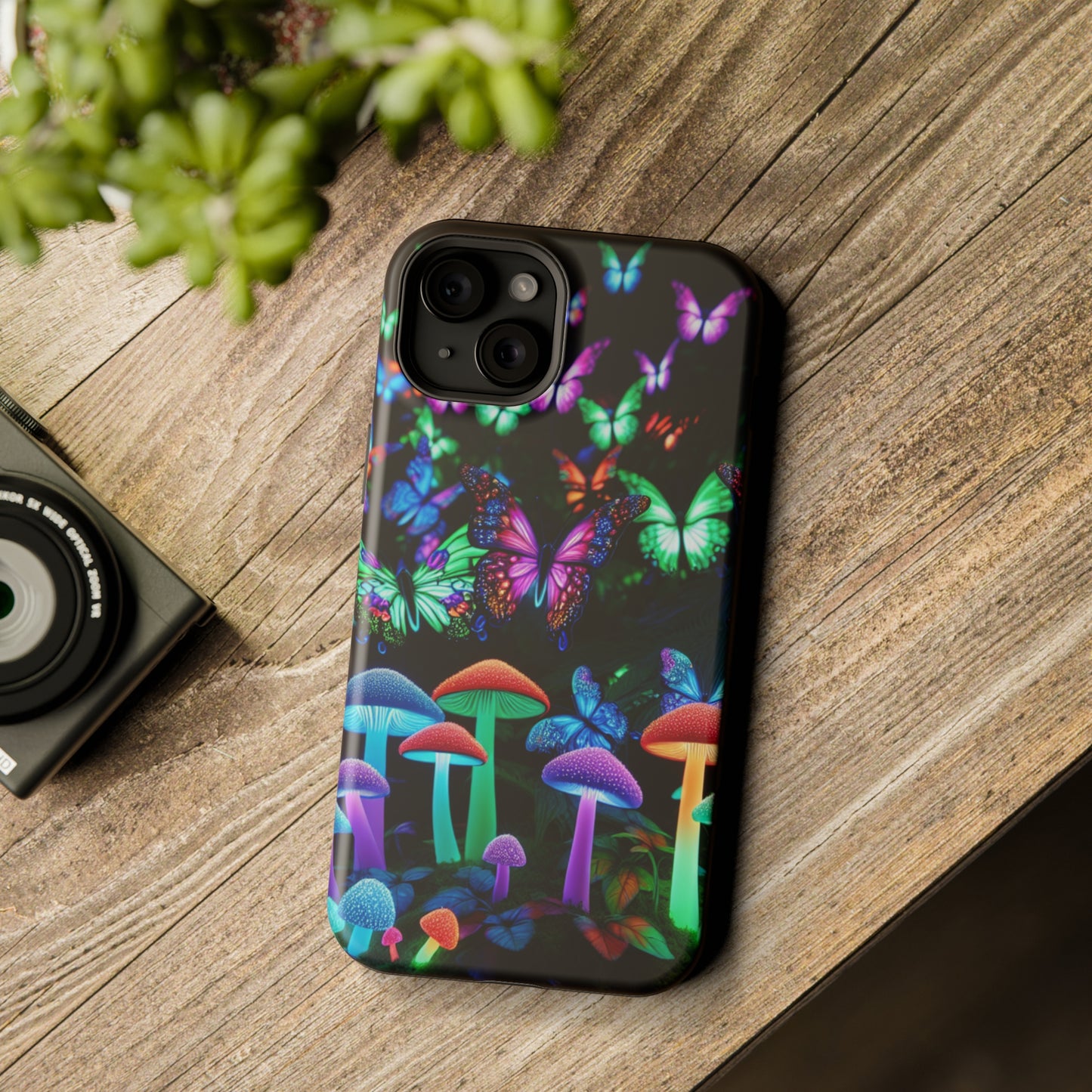 "Neon Burst Wonderland". Neon Butterflies and Mushrooms Premium Art Magsafe Magnet Tough IPhone 13 14 15 Pro Plus Max and Mini in Matte and Glossy Phone cases
