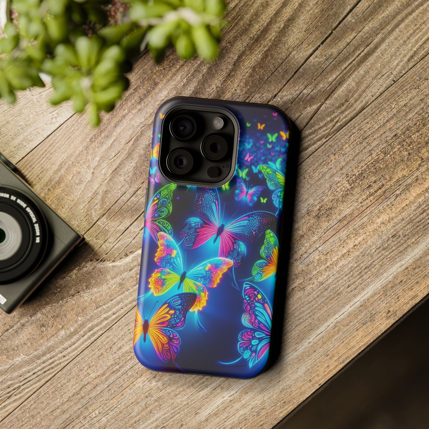 "Atmospheric Fluorescence" Neon Butterflies Premium Art Magsafe Magnet Tough IPhone 13 14 15 Pro Plus Max and Mini in Matte and Glossy Phone cases