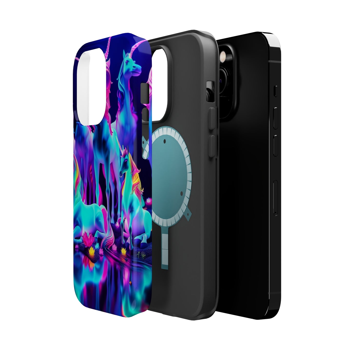 'Neon Dreamscape of Uni-Colors' Neon Unicorns Premium Art Magsafe Magnet Tough IPhone 13 14 15 Pro Plus Max and Mini in Matte and Glossy Phone cases