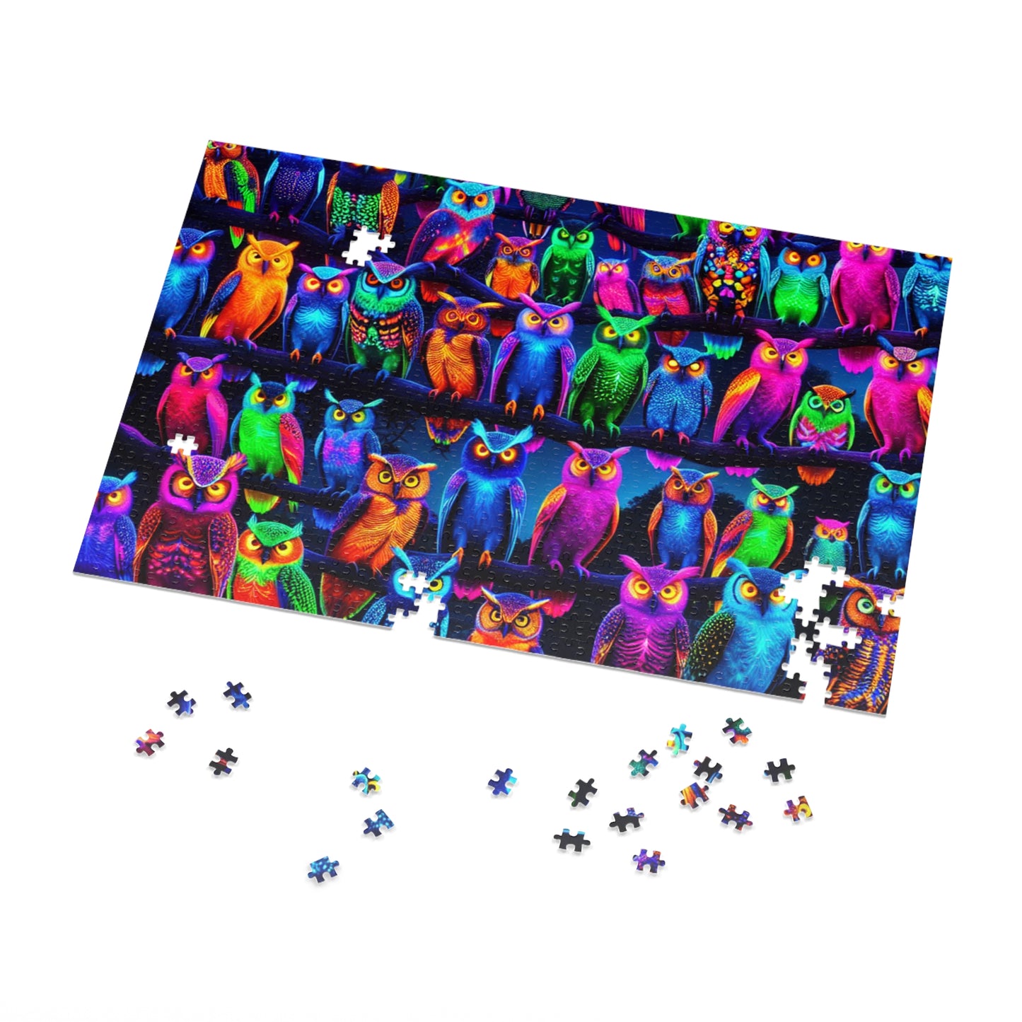 "Neon Owl Party" - Neon Owls Puzzle 30, 110, 252, and 1000 Pieces