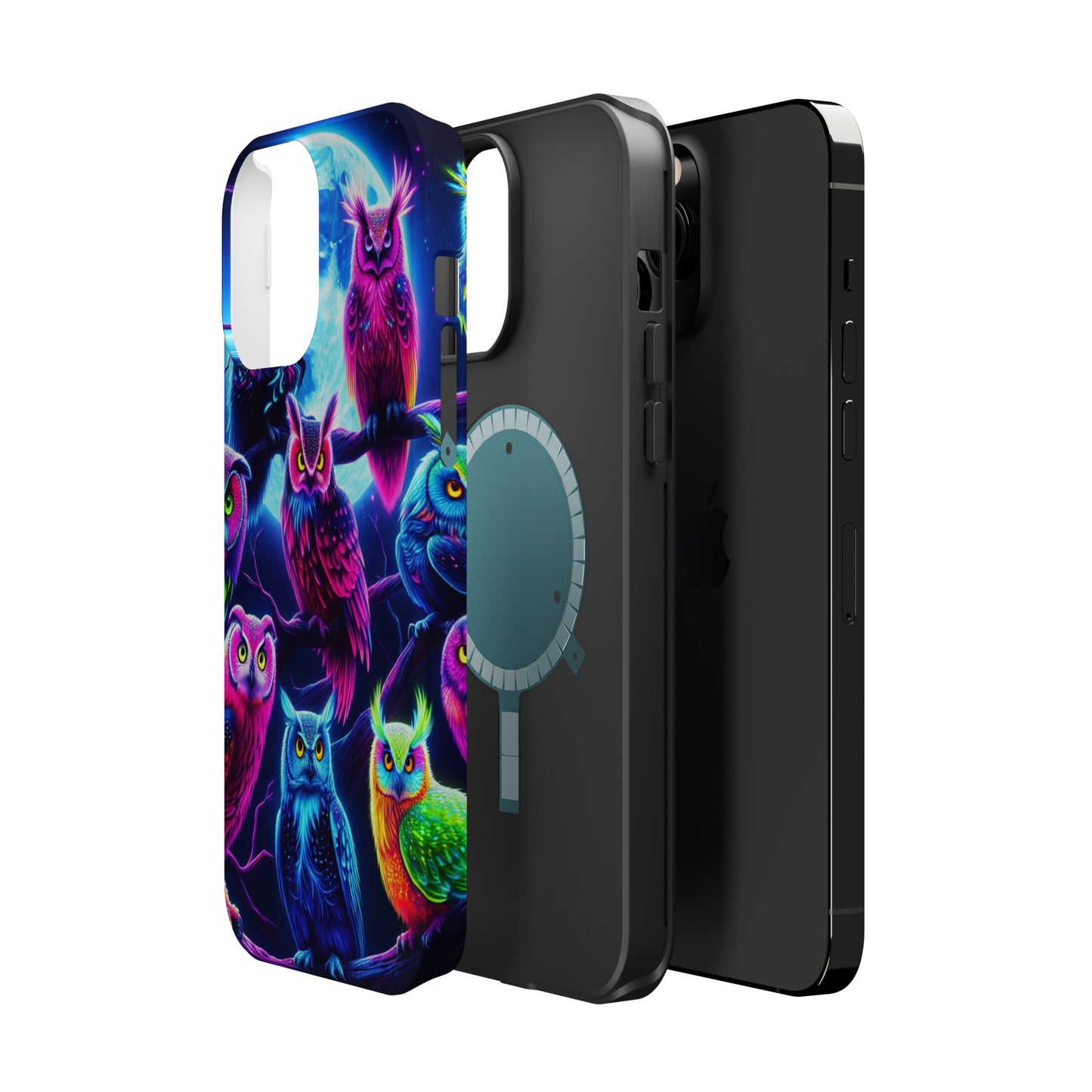 "Neon Splash of Owls" Neon Owls Premium Art Magsafe Magnet Tough IPhone 13 14 15 Pro Plus Max and Mini in Matte and Glossy Phone cases