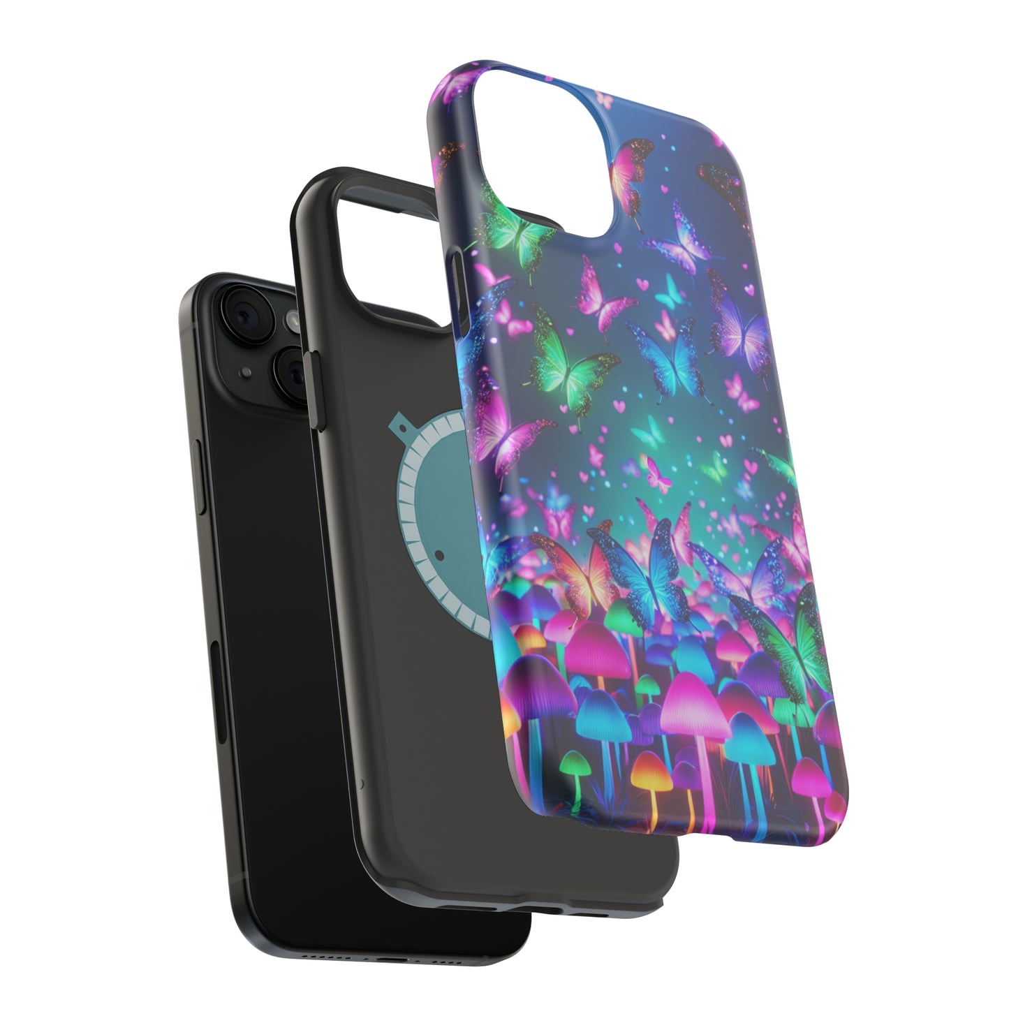 Neon Eden. Neon Butterflies and Mushrooms Premium Art Magsafe Magnet Tough IPhone 13 14 15 Pro Plus Max and Mini in Matte and Glossy Phone cases