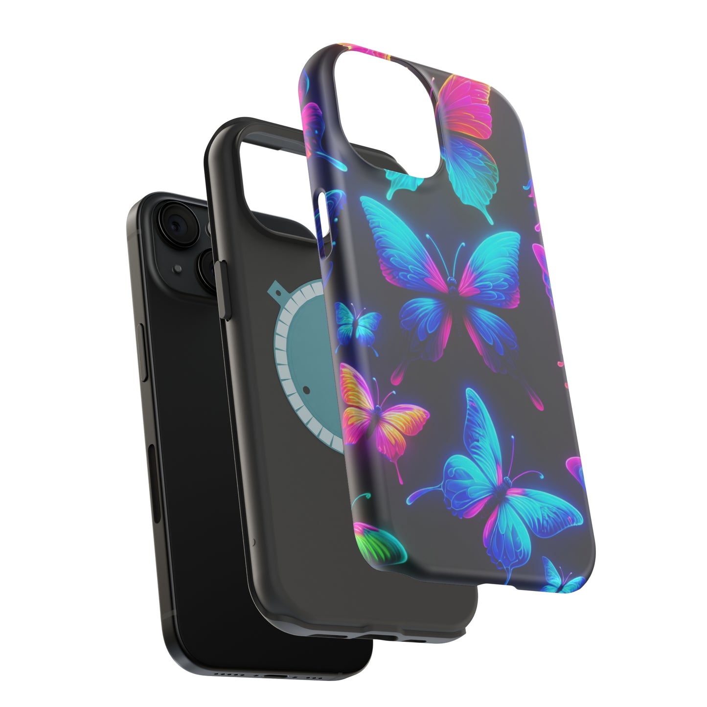 "Neon Flight Frenzy" Neon Butterflies Premium Art Magsafe Magnet Tough IPhone 13 14 15 Pro Plus Max and Mini in Matte and Glossy Phone cases