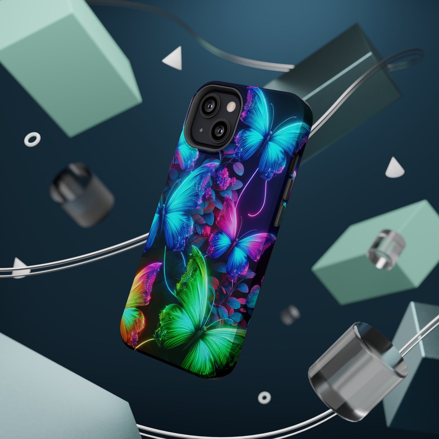 Neon Flutter Symphony Neon Butterflies Premium Art Magsafe Magnet Tough IPhone 13 14 15 Pro Plus Max and Mini in Matte and Glossy Phone cases