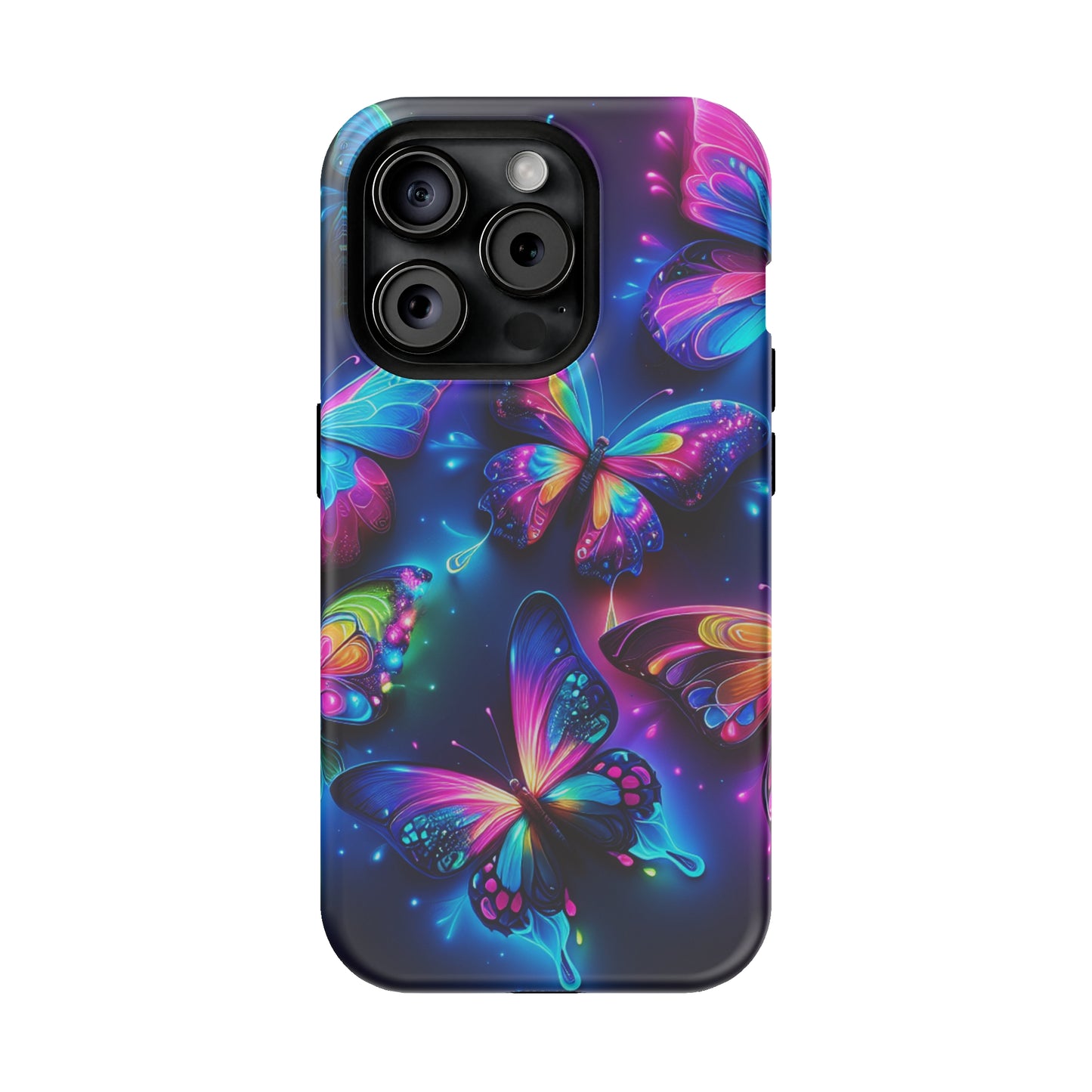 "Neon Butterfly Muster" Neon Butterflies Premium Art Magsafe Magnet Tough IPhone 13 14 15 Pro Plus Max and Mini in Matte and Glossy Phone cases