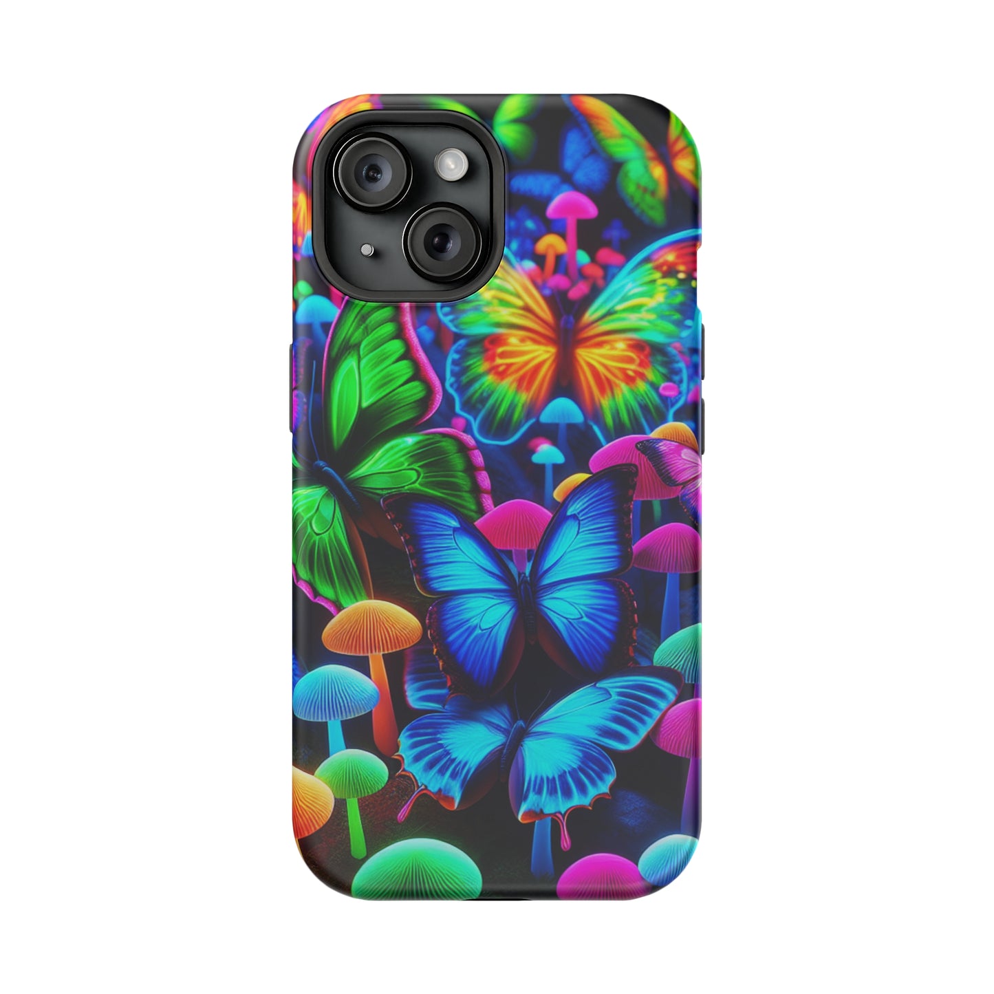 "Fantastic Fruition" Neon Butterflies and Mushrooms Premium Art Magsafe Magnet Tough IPhone 13 14 15 Pro Plus Max and Mini in Matte and Glossy Phone cases