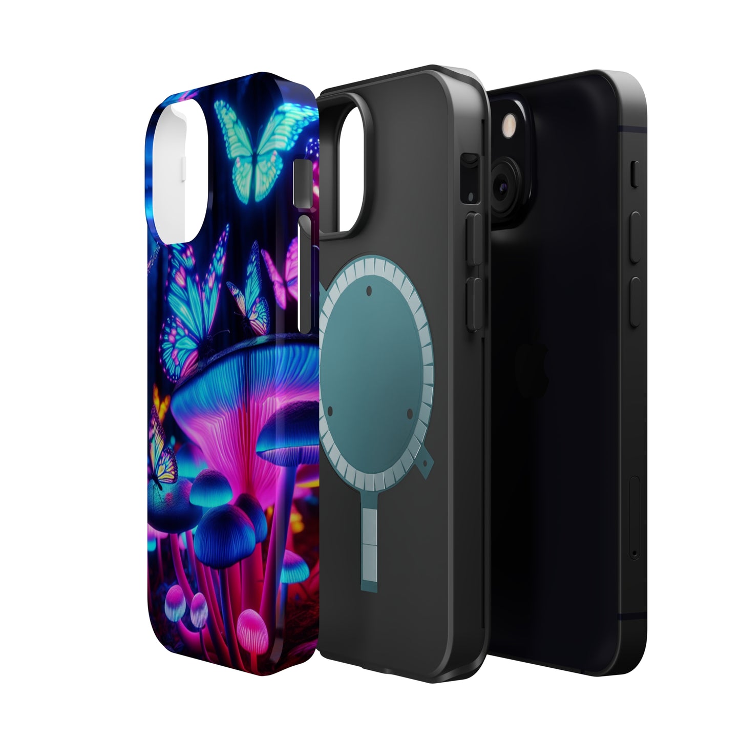Neon Fantasy Garden Neon Butterflies and Mushrooms Premium Art Magsafe Magnet Tough IPhone 13 14 15 Pro Plus Max and Mini in Matte and Glossy Phone cases