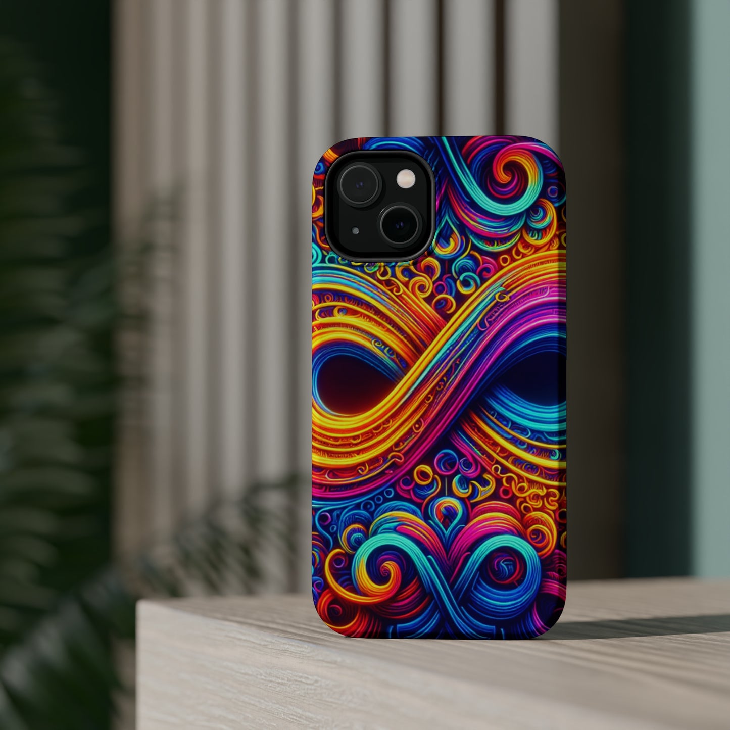ElectroFractal Fluorescence. Neon Trippy Infinity Patterns Premium Art Magsafe Magnet Tough IPhone 13 14 15 Pro Plus Max and Mini in Matte and Glossy Phone cases