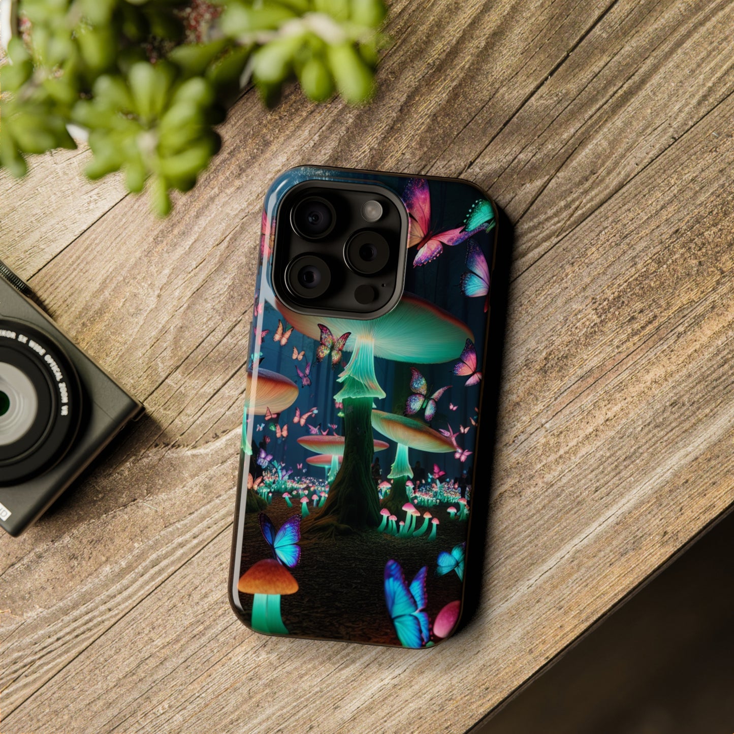 Neon Garden Delight. Neon Butterflies and Mushrooms Premium Art Magsafe Magnet Tough IPhone 13 14 15 Pro Plus Max and Mini in Matte and Glossy Phone cases
