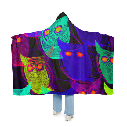 "Neon Nocturnal Orchestra" - NEON Owls Art Hooded Snuggle Blanket