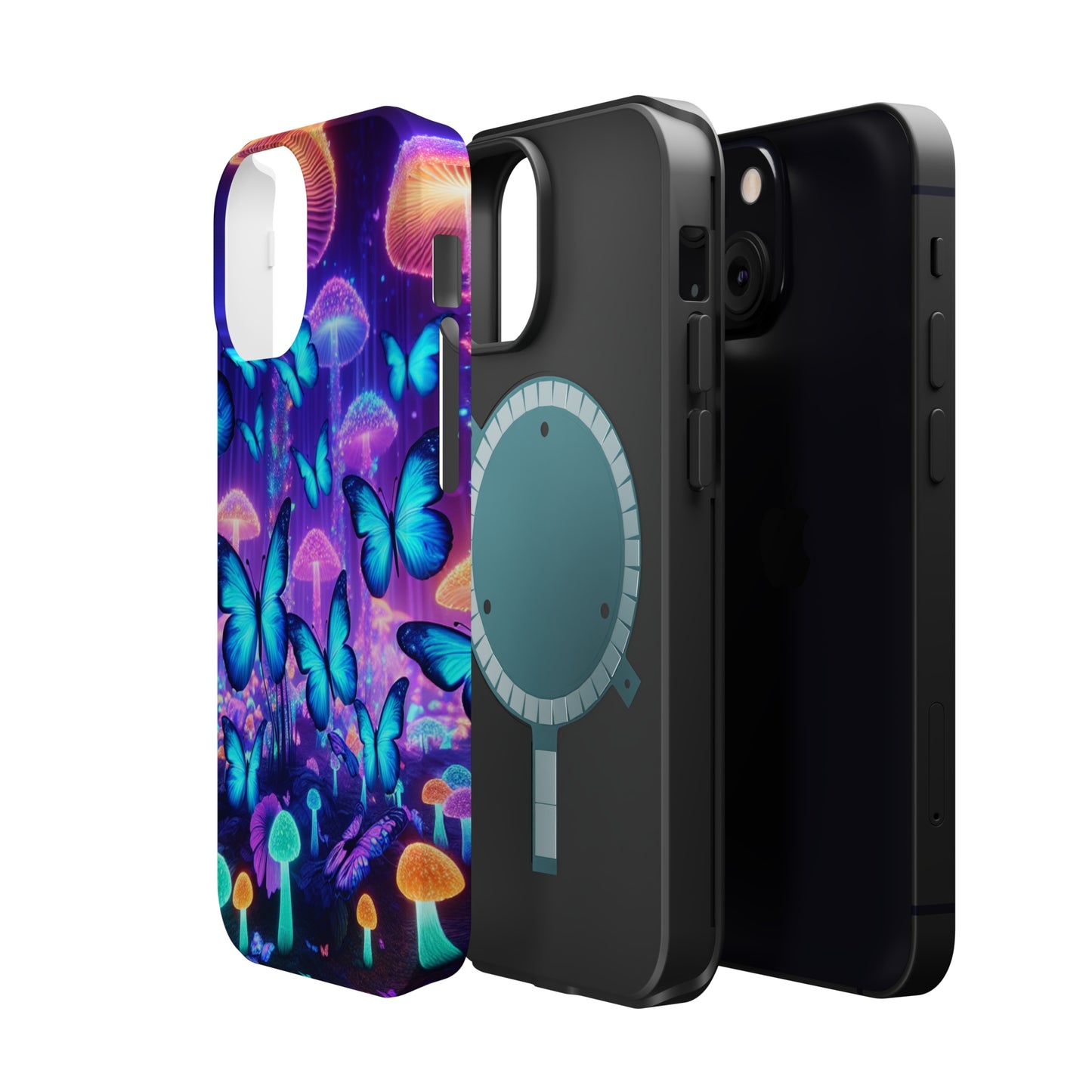 Neon Delight Landscape Neon Butterflies and Mushrooms Premium Art Magsafe Magnet Tough IPhone 13 14 15 Pro Plus Max and Mini in Matte and Glossy Phone cases