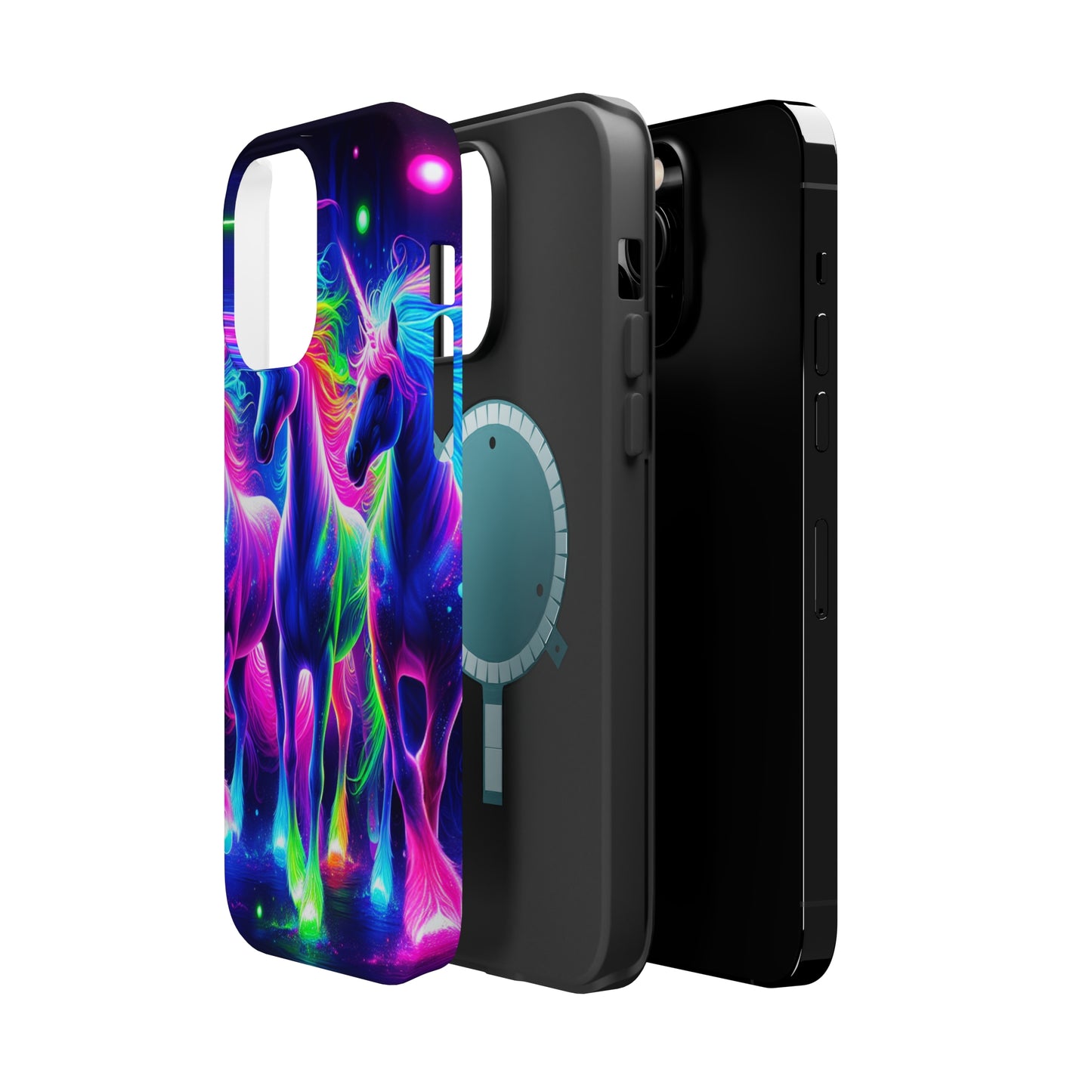 "Uni-Neon Fantasy" Neon Unicorns Premium Art Magsafe Magnet Tough IPhone 13 14 15 Pro Plus Max and Mini in Matte and Glossy Phone cases