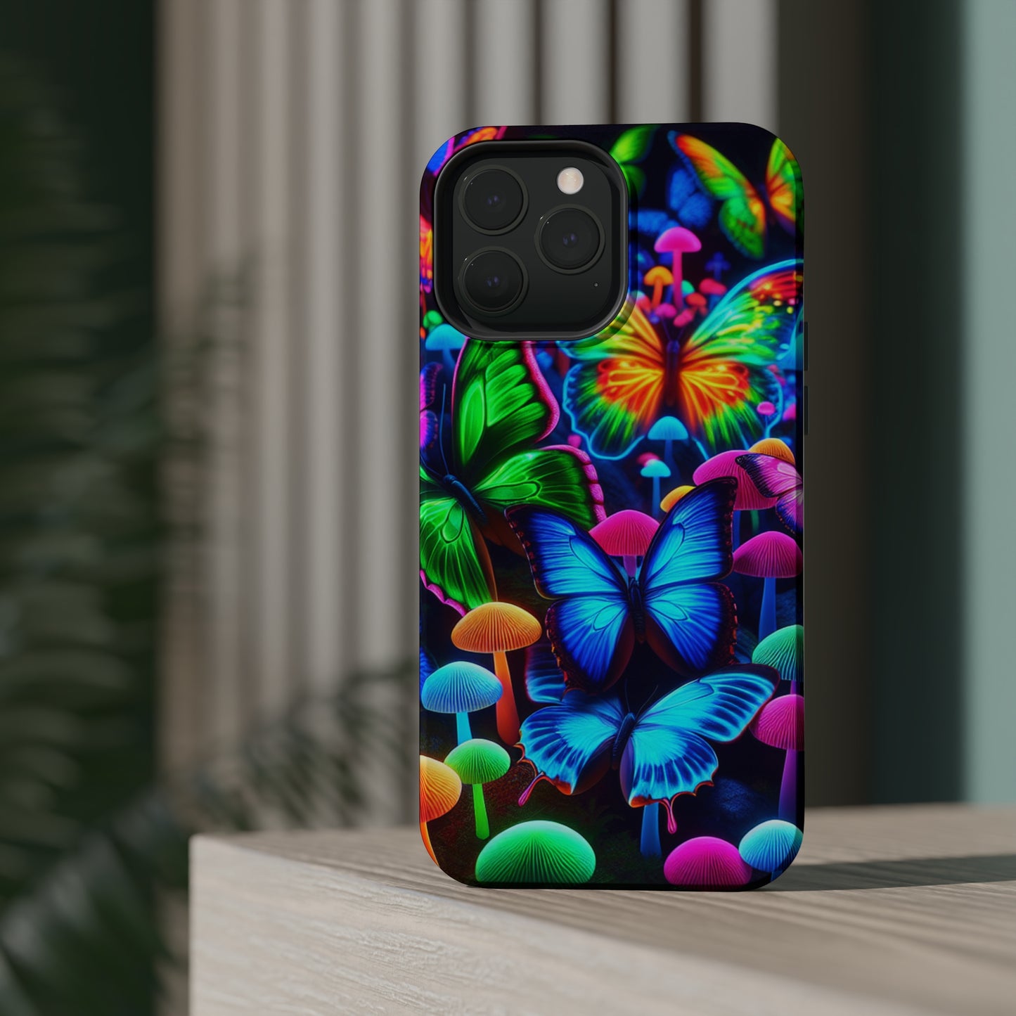 "Fantastic Fruition" Neon Butterflies and Mushrooms Premium Art Magsafe Magnet Tough IPhone 13 14 15 Pro Plus Max and Mini in Matte and Glossy Phone cases