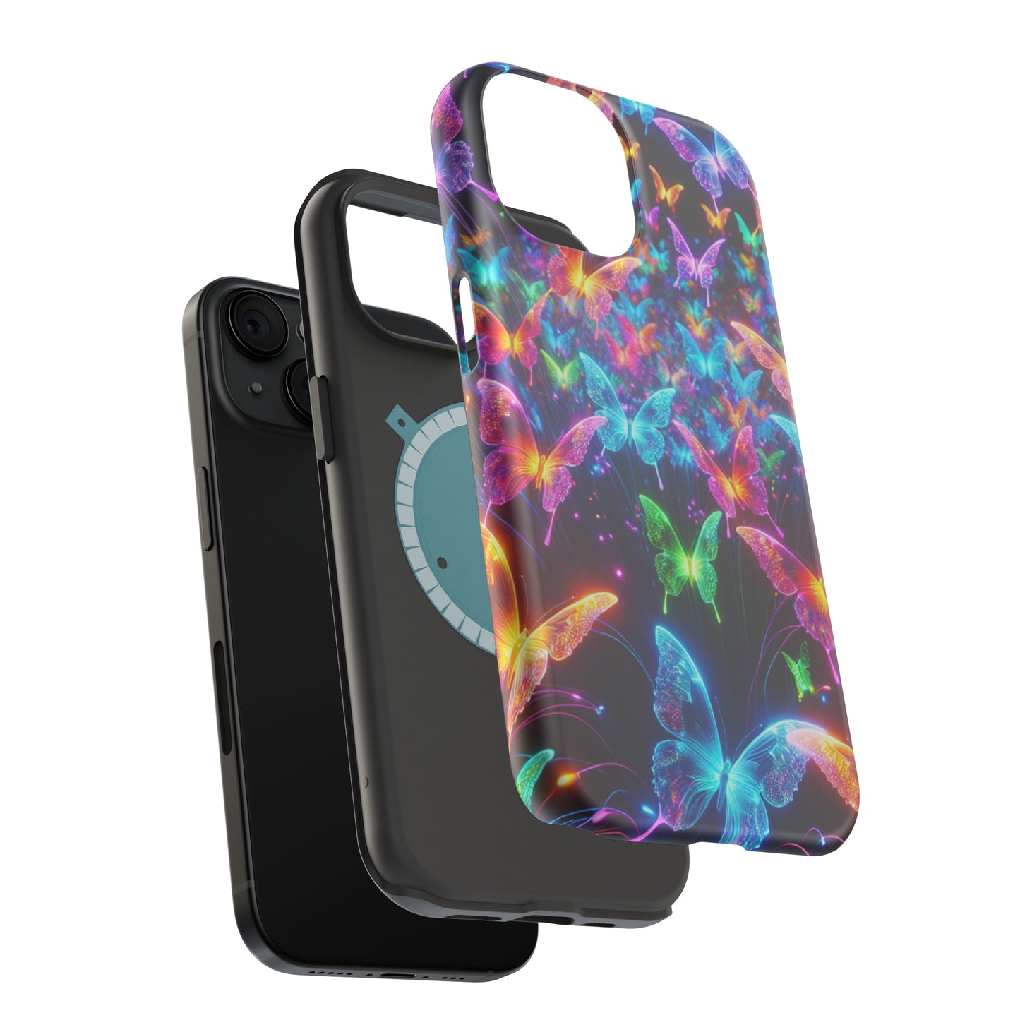 "Neon Flutterburst" Neon Butterflies Premium Art Magsafe Magnet Tough IPhone 13 14 15 Pro Plus Max and Mini in Matte and Glossy Phone cases