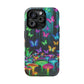 "Vivid Neon Splendor" Neon Butterflies and Mushrooms Premium Art Magsafe Magnet Tough IPhone 13 14 15 Pro Plus Max and Mini in Matte and Glossy Phone cases