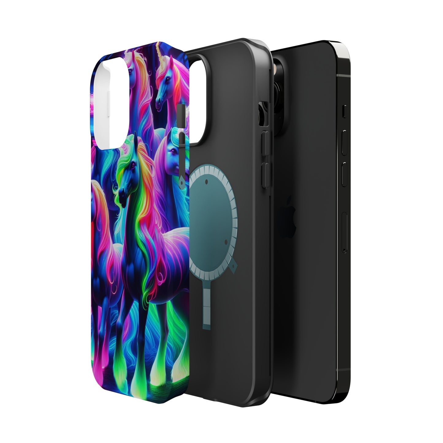 Neon Magic Skies - Unicorn Gang. Neon Unicorns Premium Art Magsafe Magnet Tough IPhone 13 14 15 Pro Plus Max and Mini in Matte and Glossy Phone cases