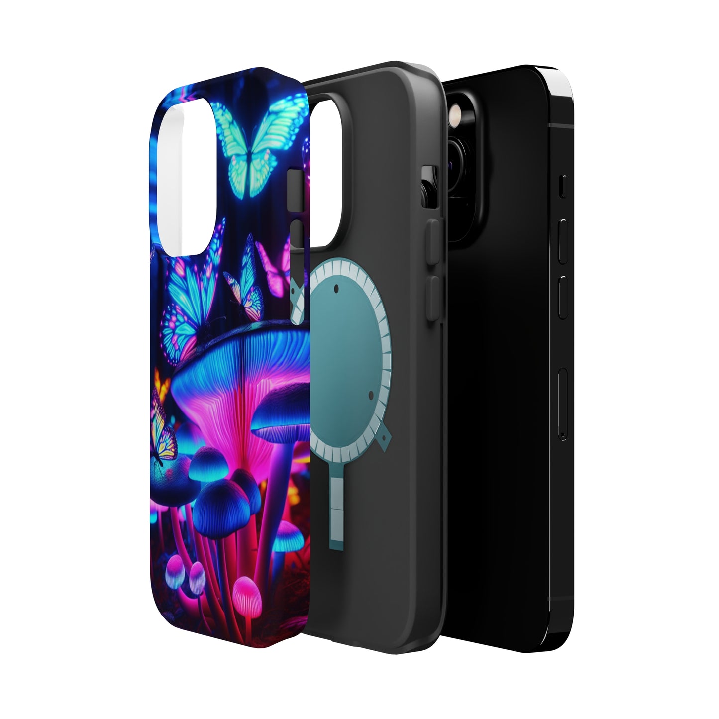 Neon Fantasy Garden Neon Butterflies and Mushrooms Premium Art Magsafe Magnet Tough IPhone 13 14 15 Pro Plus Max and Mini in Matte and Glossy Phone cases