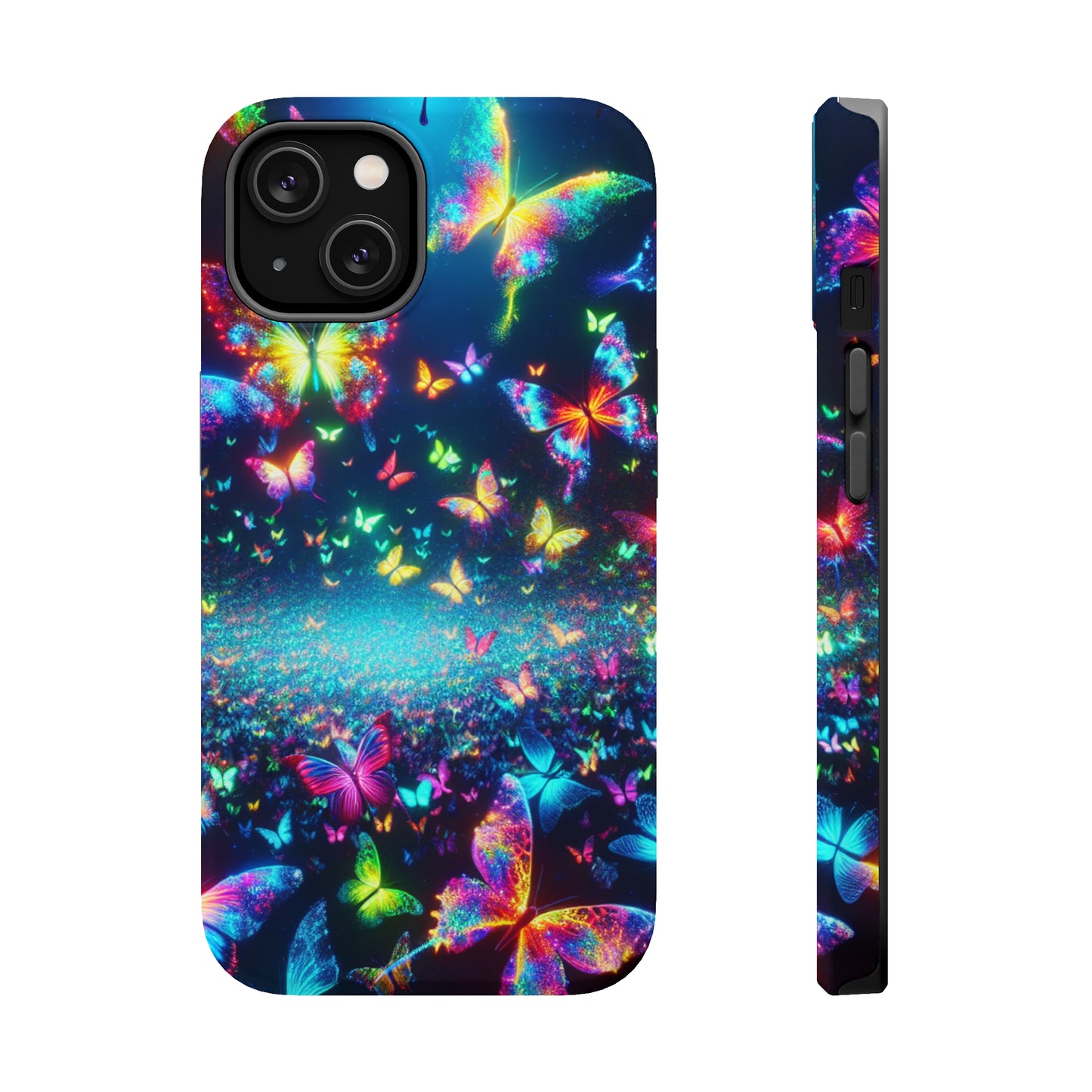 'Neon Butterfly Bliss' Neon Butterflies Premium Art Magsafe Magnet Tough IPhone 13 14 15 Pro Plus Max and Mini in Matte and Glossy Phone cases