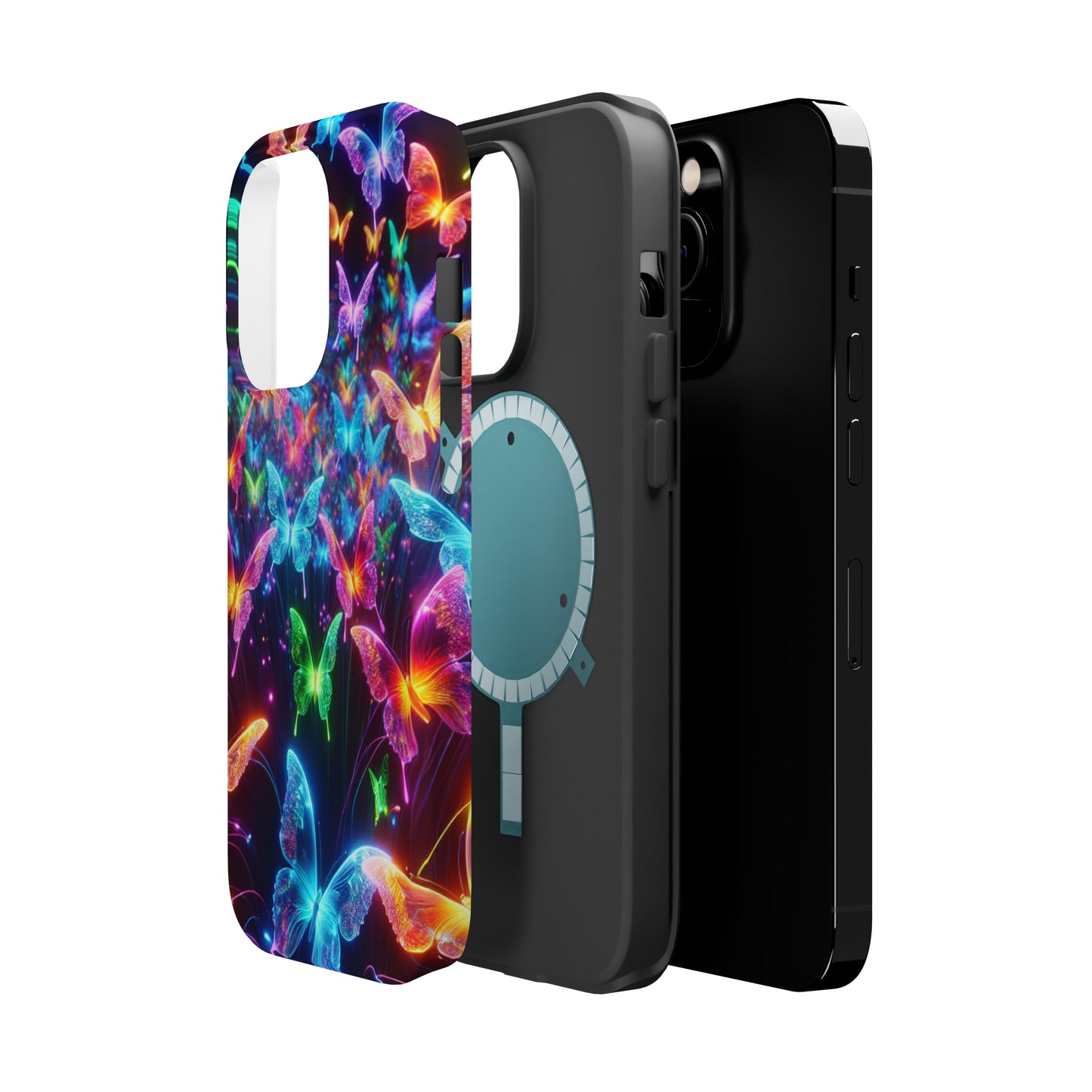 "Neon Flutterburst" Neon Butterflies Premium Art Magsafe Magnet Tough IPhone 13 14 15 Pro Plus Max and Mini in Matte and Glossy Phone cases