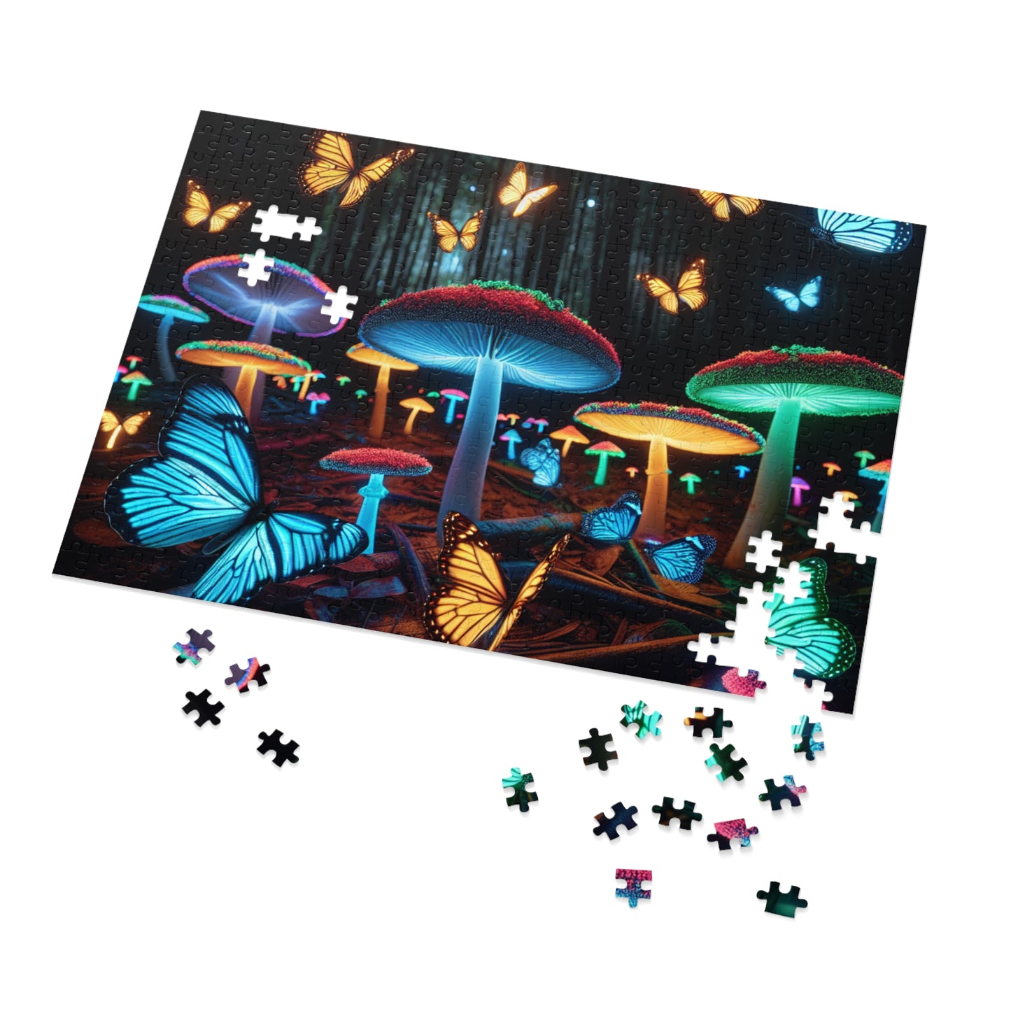 Neon Butterflydreamscape - Neon Butterflies and Mushrooms Puzzle 30, 110, 252, and 1000 Pieces