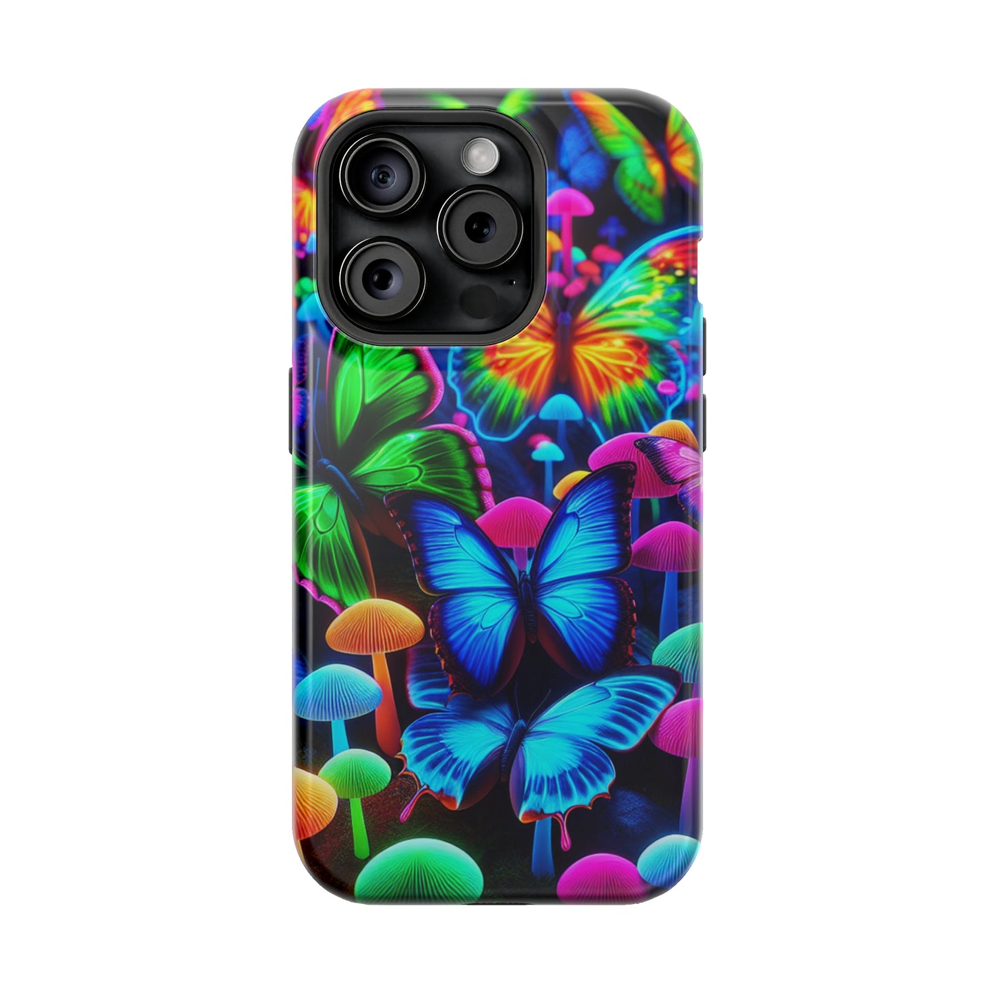 "Fantastic Fruition" Neon Butterflies and Mushrooms Premium Art Magsafe Magnet Tough IPhone 13 14 15 Pro Plus Max and Mini in Matte and Glossy Phone cases