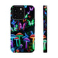 "Neon Burst Wonderland". Neon Butterflies and Mushrooms Premium Art Magsafe Magnet Tough IPhone 13 14 15 Pro Plus Max and Mini in Matte and Glossy Phone cases