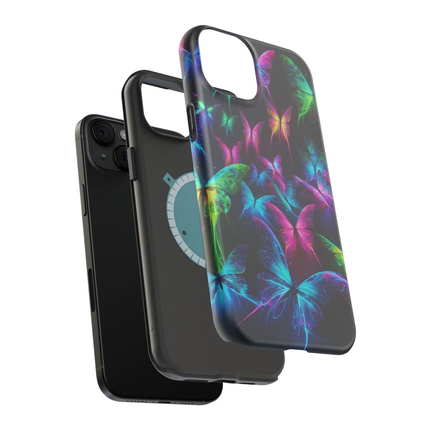 'Euphoria in Neon Flight' Neon Butterflies Premium Art Magsafe Magnet Tough IPhone 13 14 15 Pro Plus Max and Mini in Matte and Glossy Phone cases